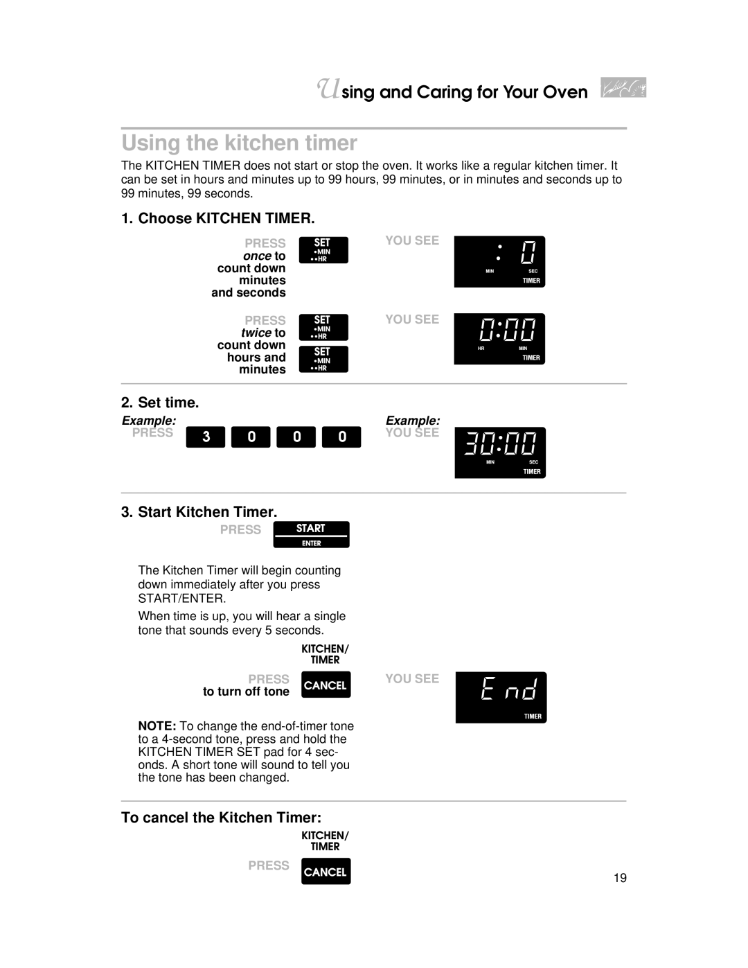 KitchenAid YKERC500 Using the kitchen timer, Choose Kitchen Timer, Start Kitchen Timer, To cancel the Kitchen Timer 