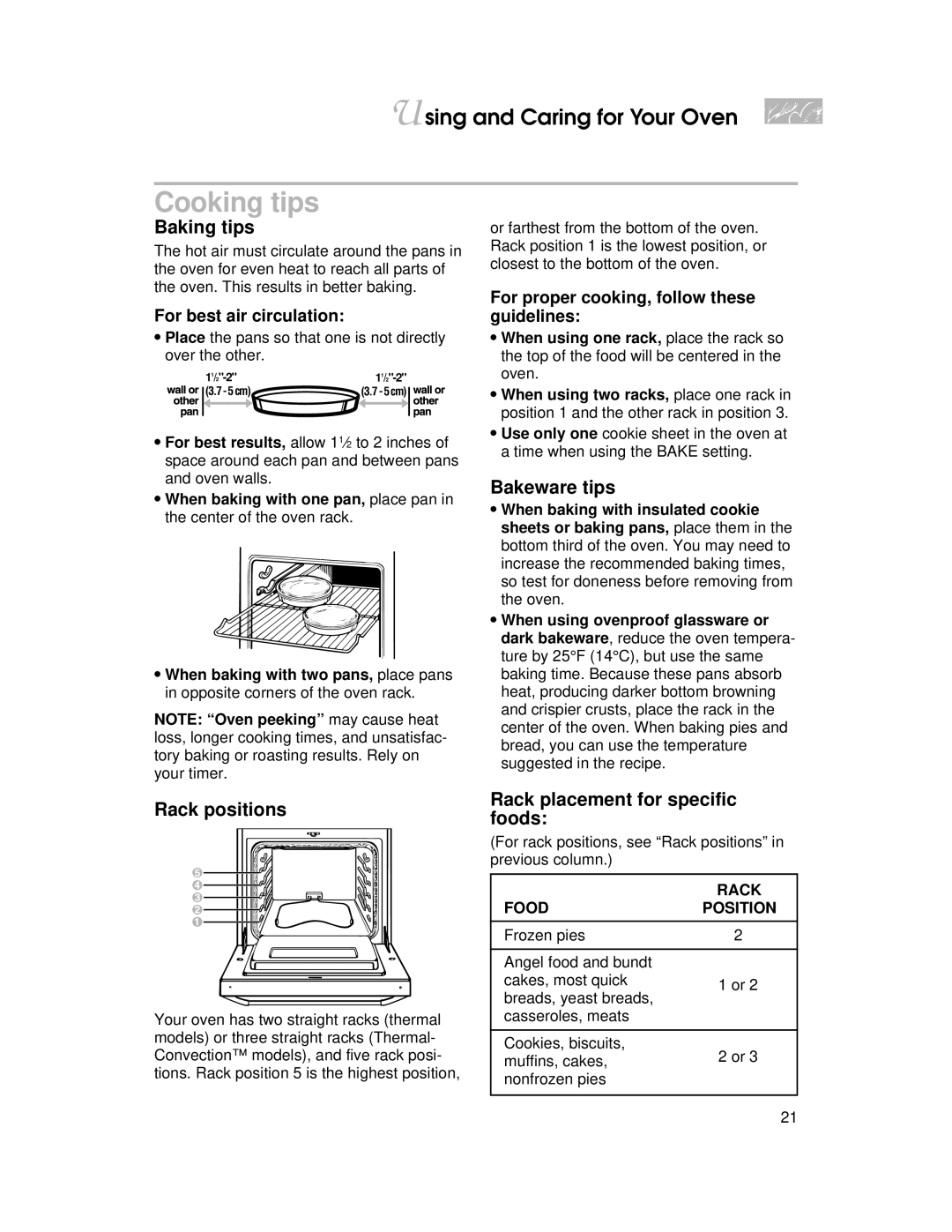 KitchenAid YKERI500, YKERC500 Cooking tips, Baking tips, Rack positions, Bakeware tips, Rack placement for specific foods 