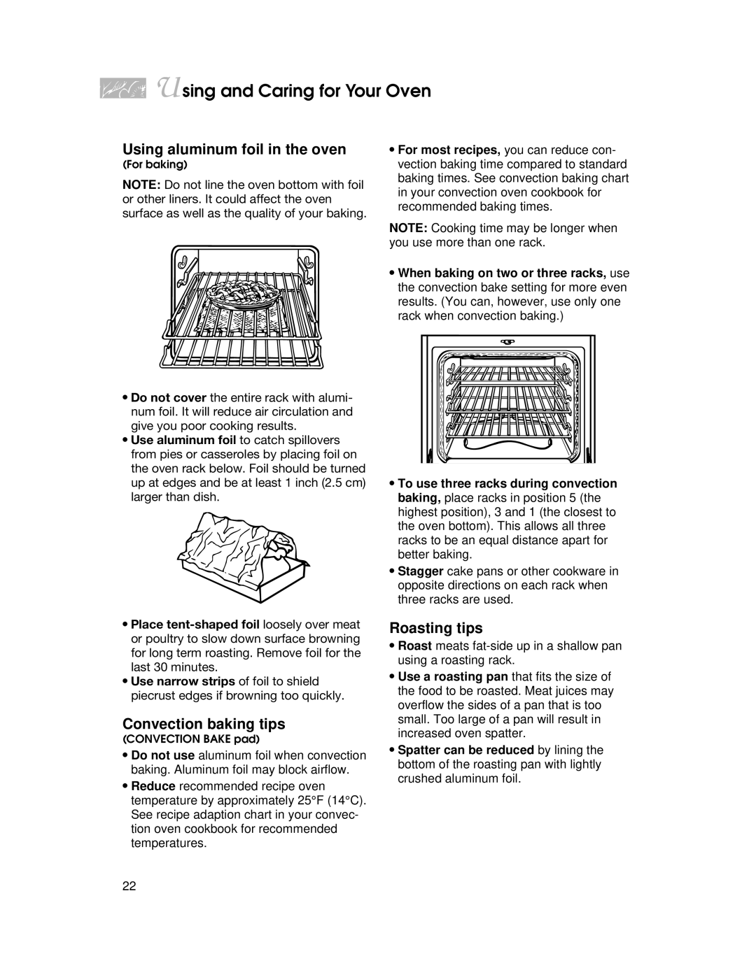 KitchenAid YKERC500, YKERI500 warranty Using aluminum foil in the oven, Convection baking tips, Roasting tips 