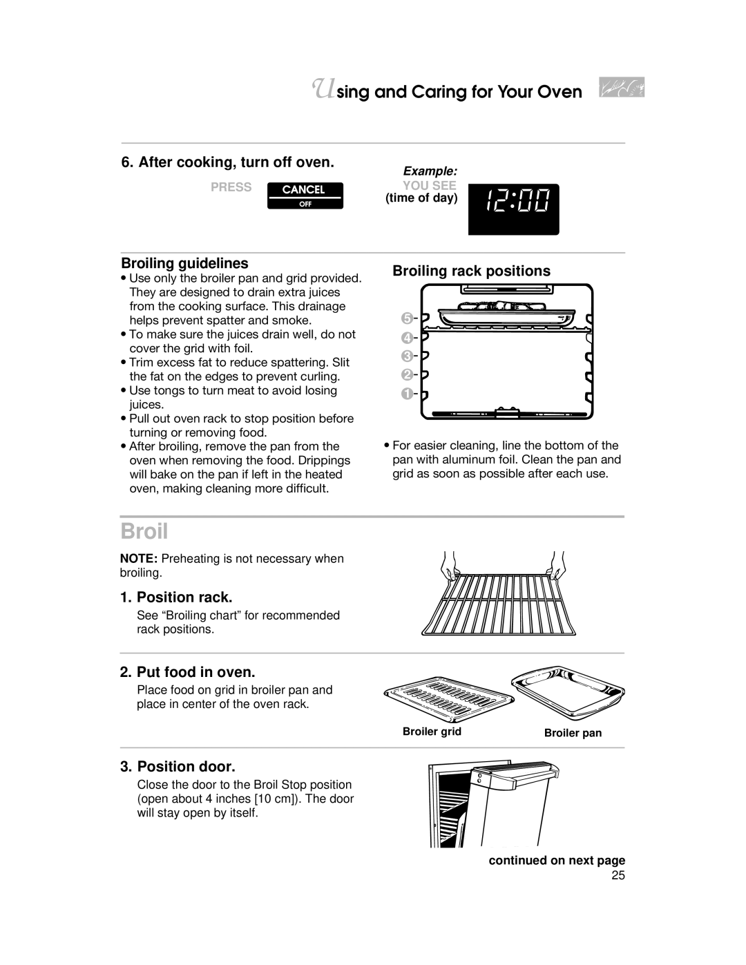 KitchenAid YKERC500, YKERI500 warranty Broiling guidelines, Broiling rack positions, Position rack, Position door 