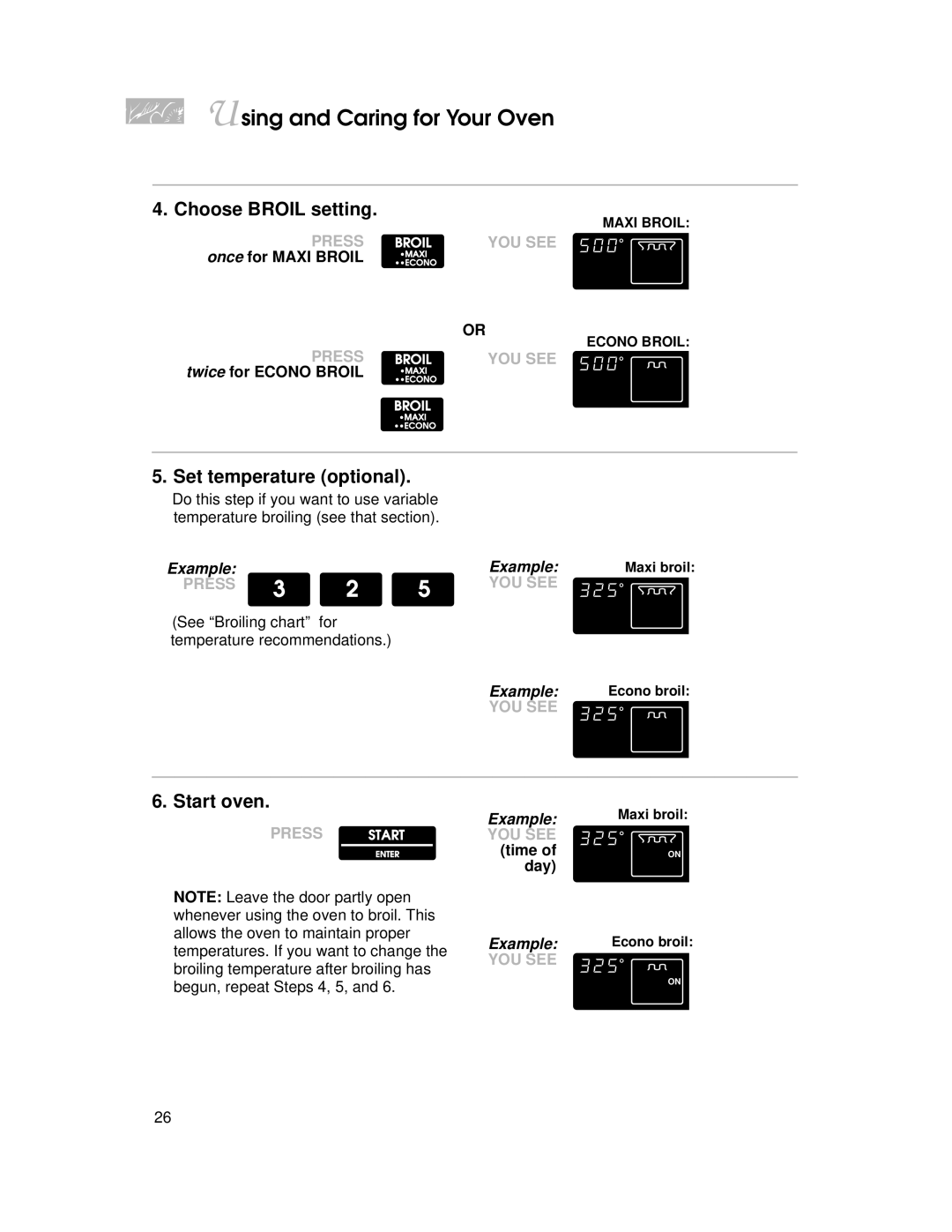 KitchenAid KERI500, KERC500, KERS507, KERC507, YKERI500, YKERC500, YKERS507, YKERC507 Choose Broil setting, Start oven 