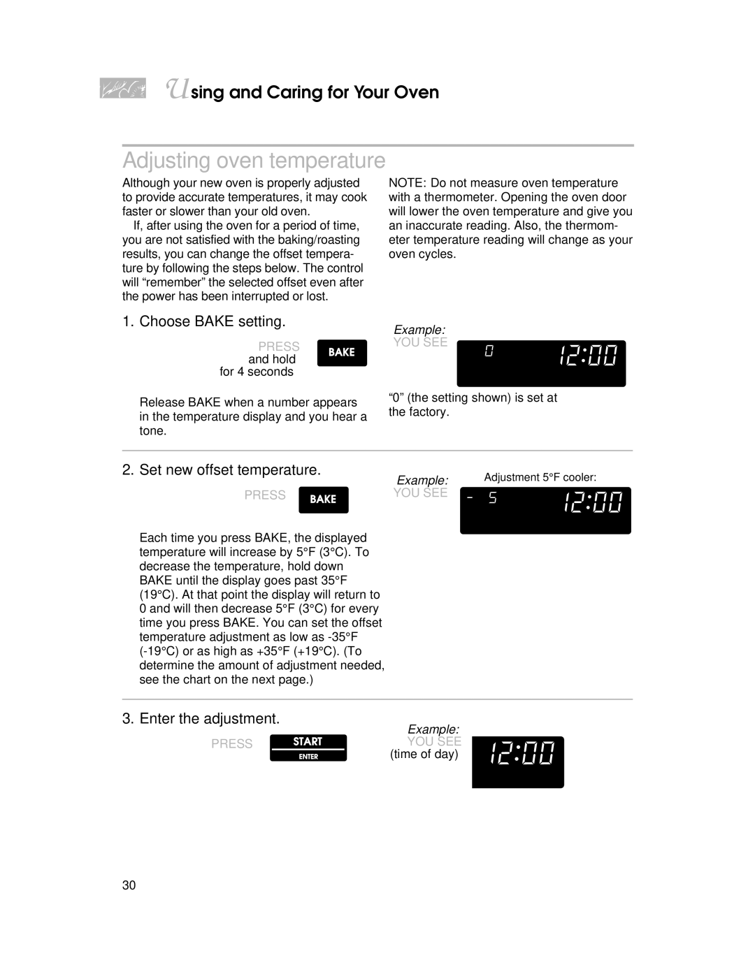 KitchenAid YKERI500 Adjusting oven temperature, Choose Bake setting, Set new offset temperature, Enter the adjustment 