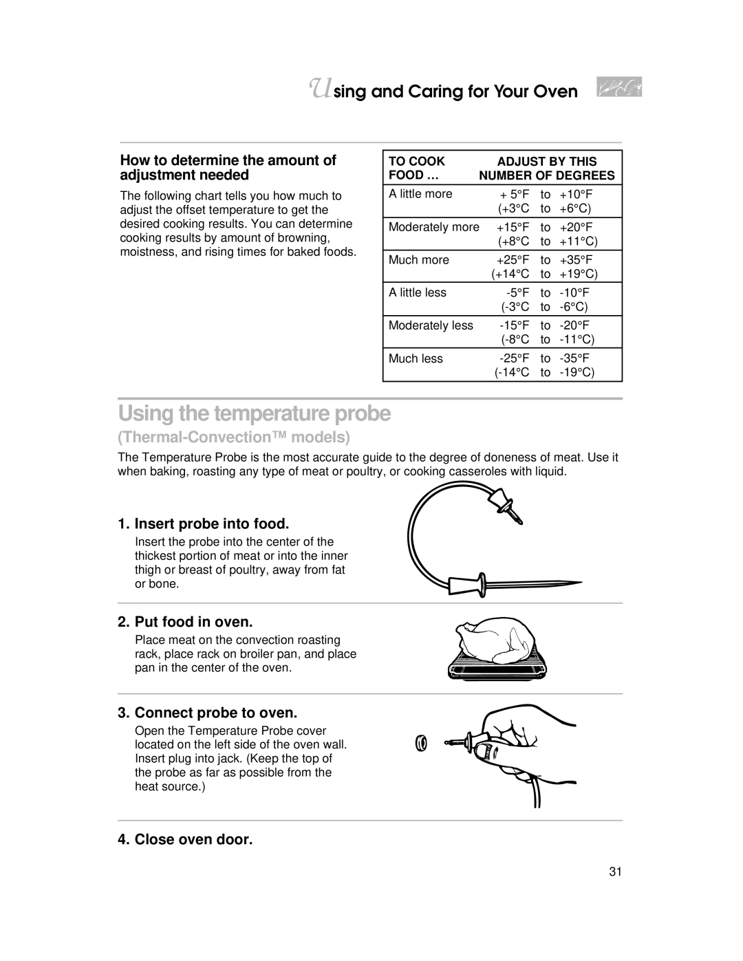 KitchenAid YKERC500 Using the temperature probe, How to determine the amount of adjustment needed, Insert probe into food 