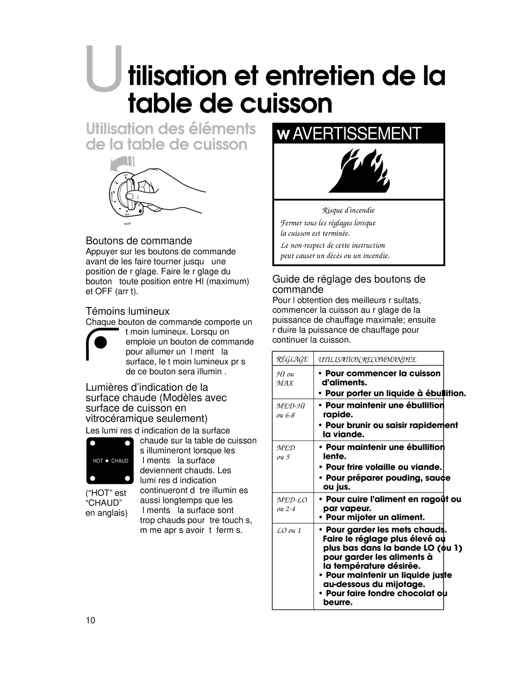 KitchenAid YKERI500 Utilisation et entretien de la table de cuisson, Utilisation des éléments de la table de cuisson 