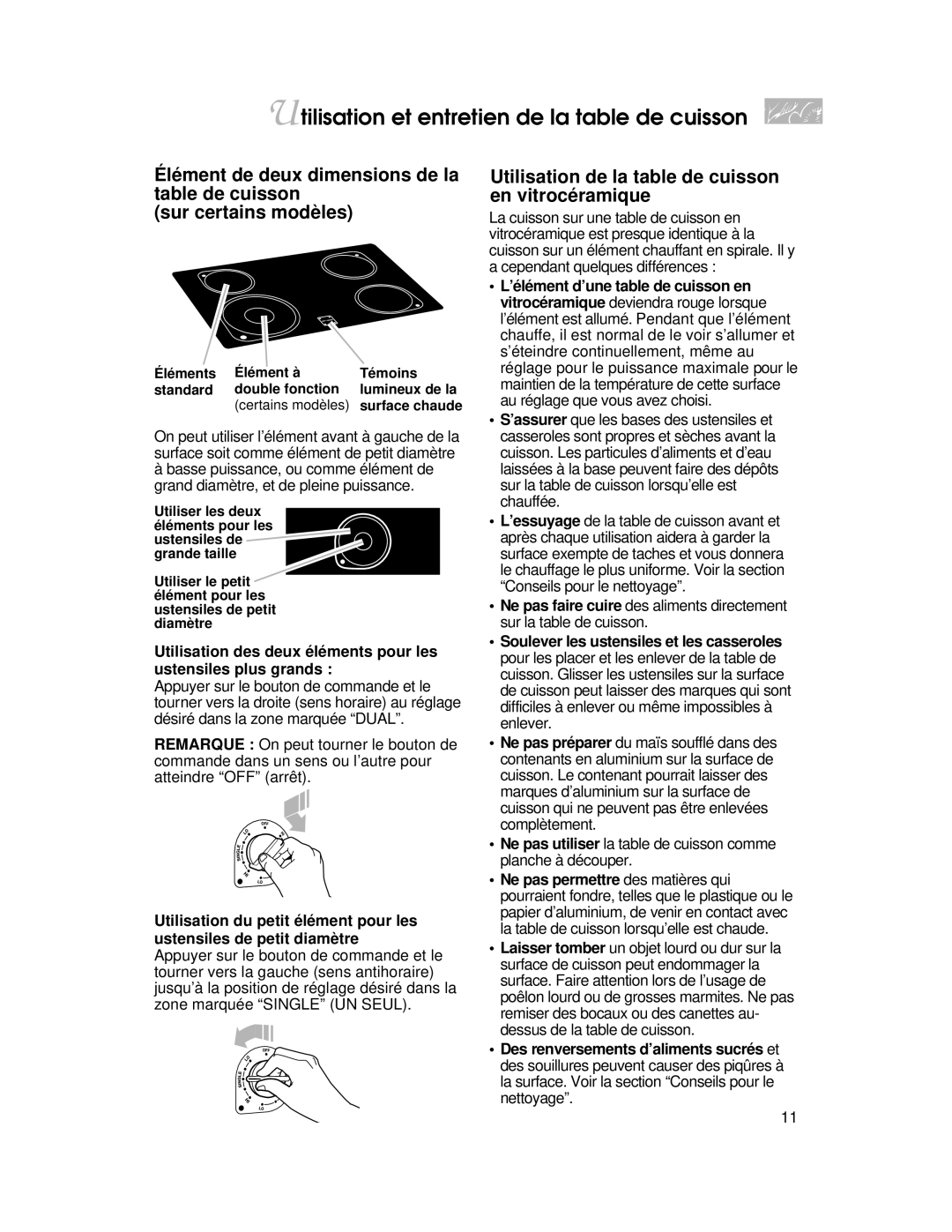 KitchenAid YKERC500 Utilisation et entretien de la table de cuisson, Utilisation de la table de cuisson en vitrocéramique 