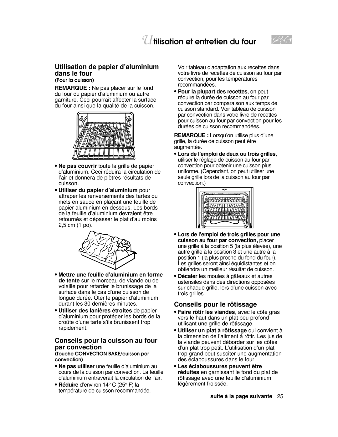 KitchenAid YKERI500 Utilisation de papier d’aluminium dans le four, Conseils pour la cuisson au four par convection 