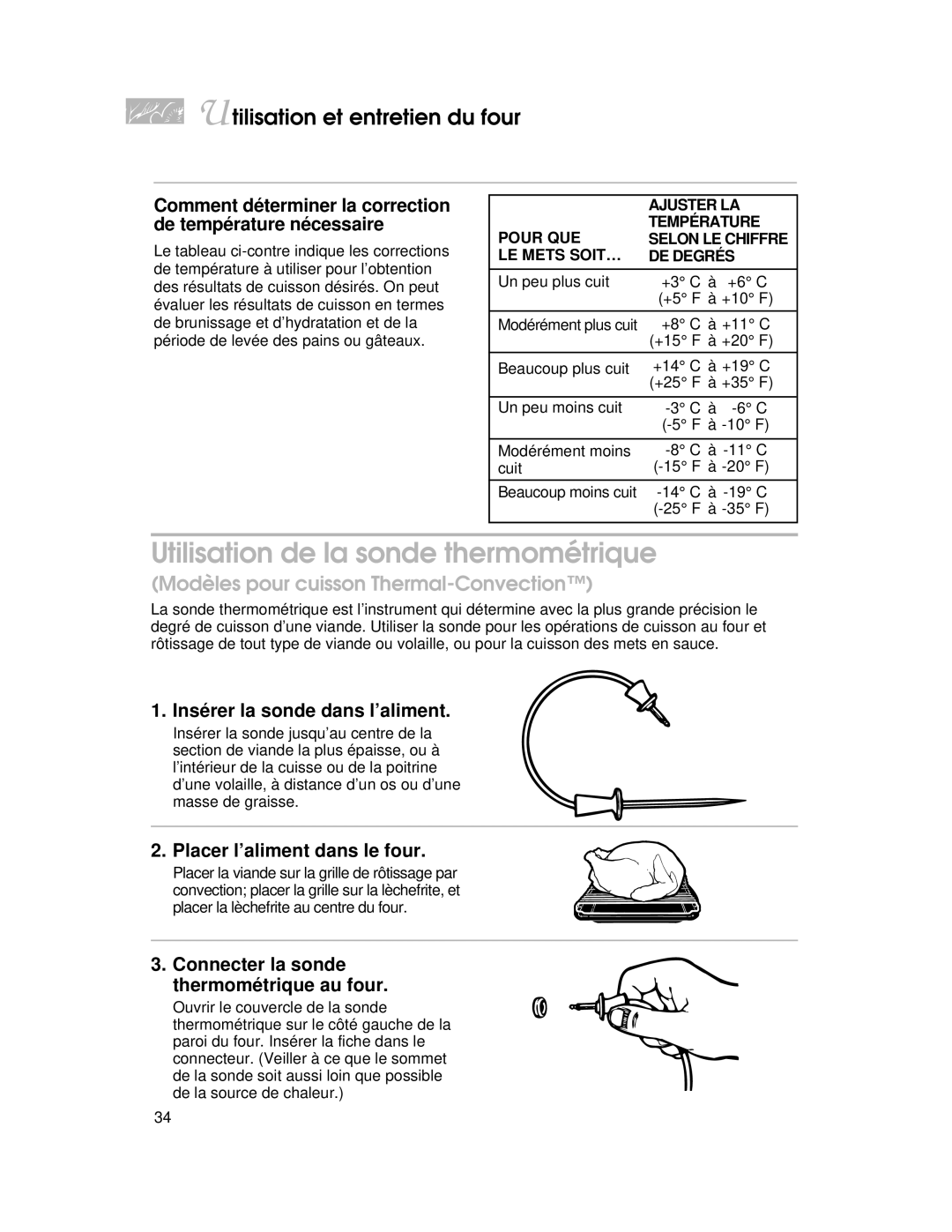 KitchenAid YKERI500, YKERC500 warranty Utilisation de la sonde thermométrique, Insérer la sonde dans l’aliment, Ajuster LA 