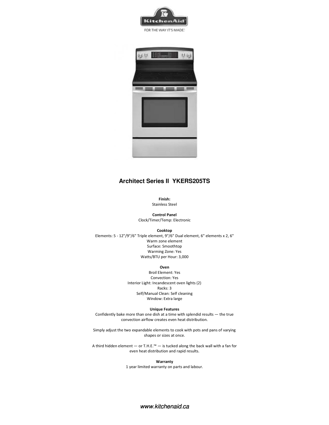 KitchenAid warranty Architect Series II YKERS205TS, Finish, Control Panel, Cooktop, Oven, Unique Features, Warranty 
