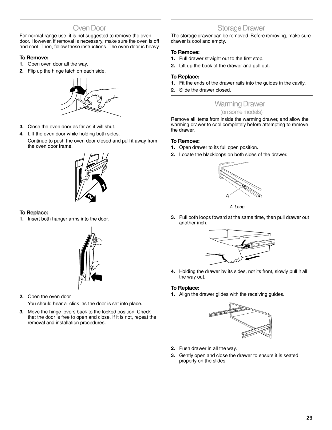 KitchenAid KESK901, YKERS807, YKESS907, YKESS908 manual Oven Door, Storage Drawer, To Remove 