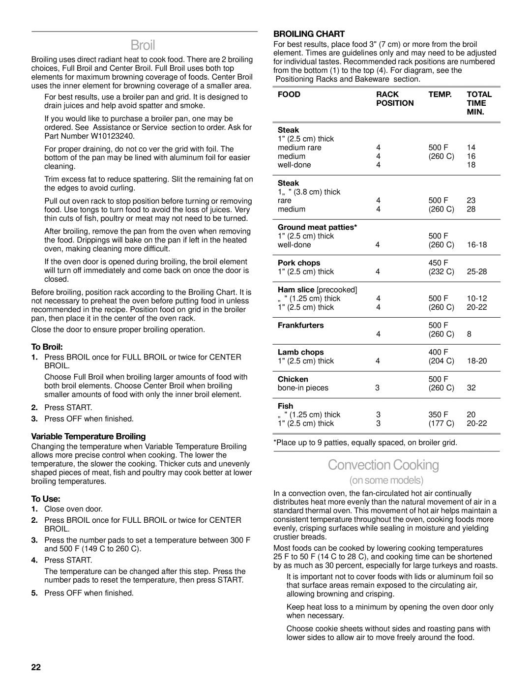 KitchenAid KESS908, YKERS807, KESK901 manual ConvectionCooking, To Broil, Variable Temperature Broiling, Broiling Chart 