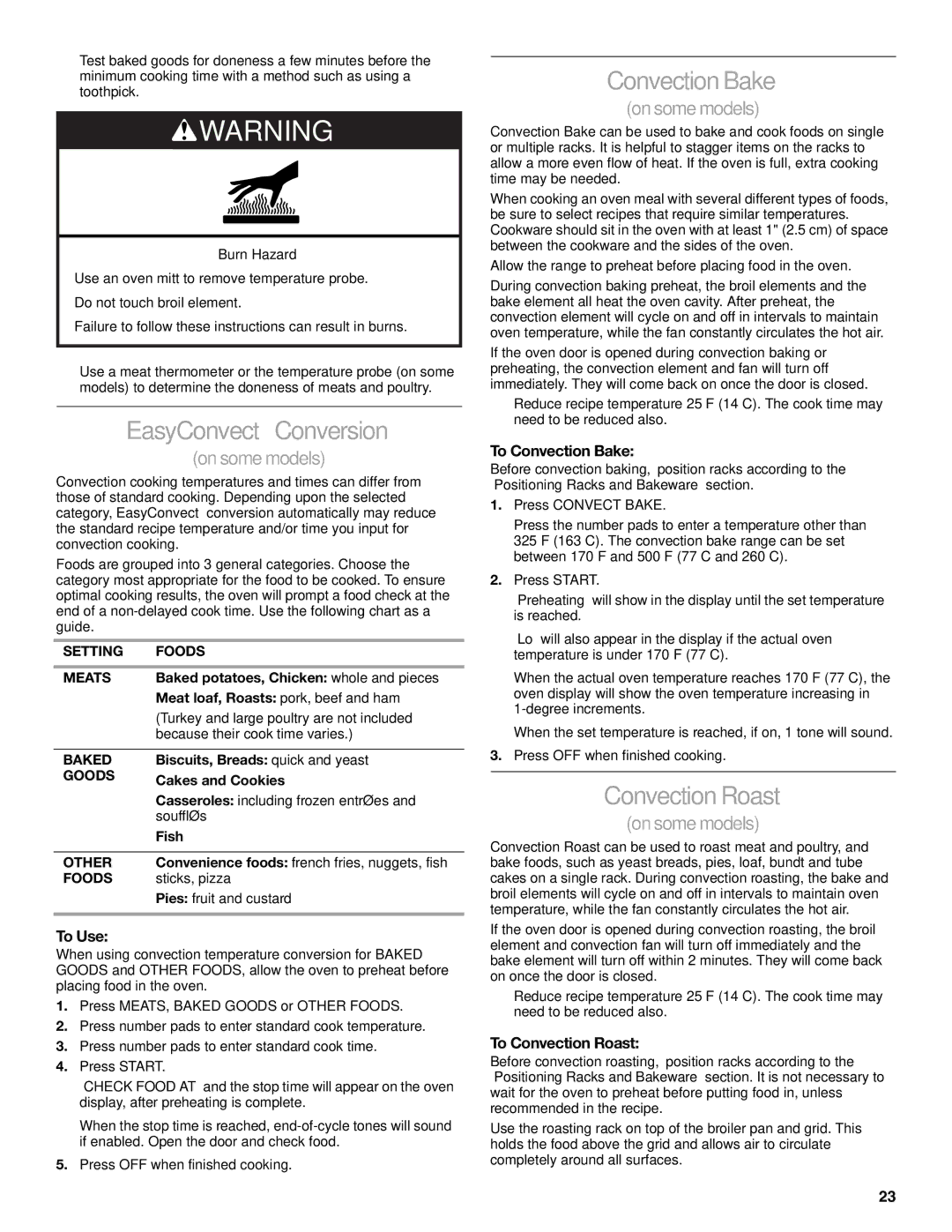 KitchenAid KESS907 manual EasyConvect Conversion, ConvectionBake, ConvectionRoast, To Convection Bake, To Convection Roast 