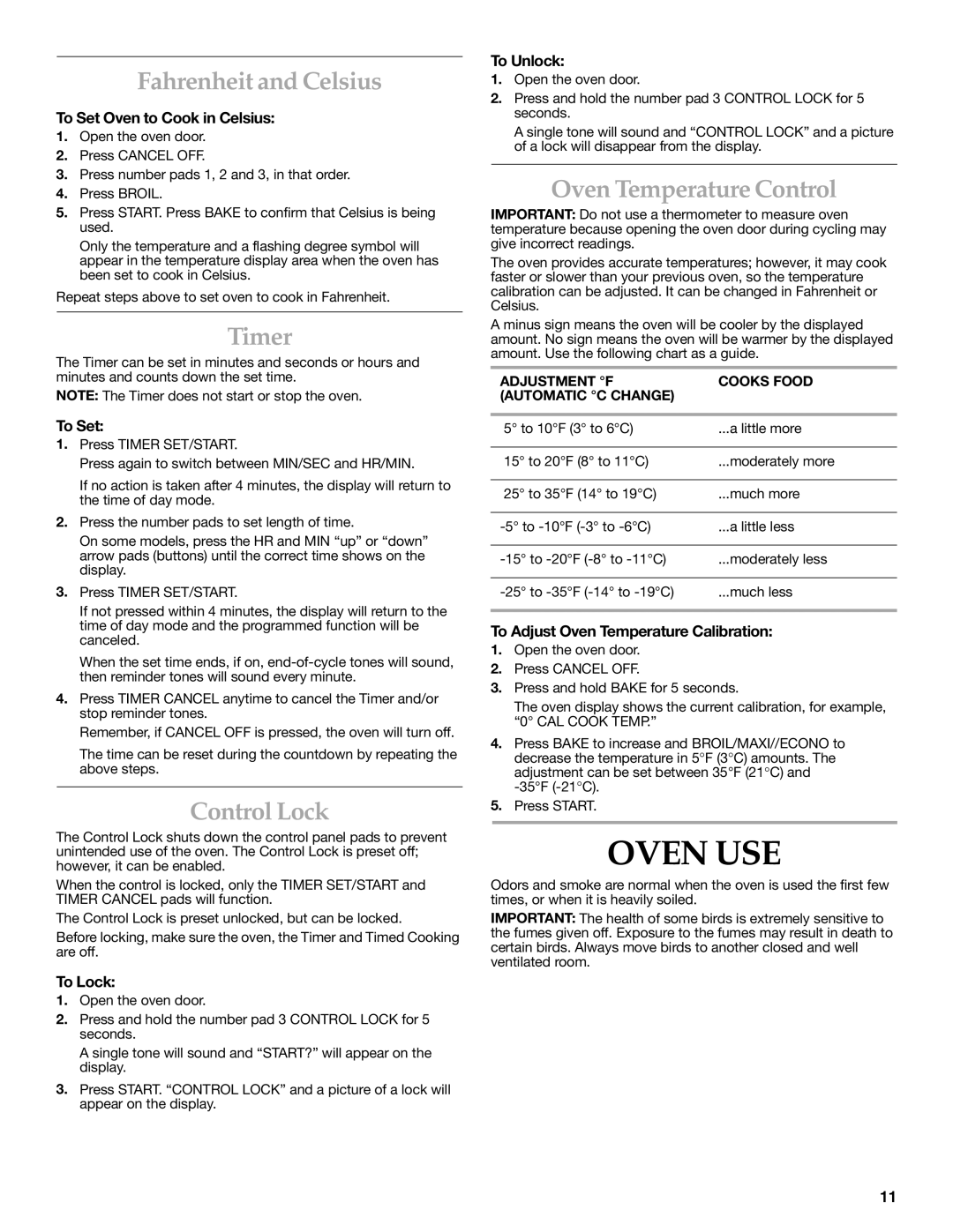 KitchenAid YKERC600, YKESC300, KERC601 manual Oven USE, Fahrenheit and Celsius, Timer, Control Lock, Oven Temperature Control 