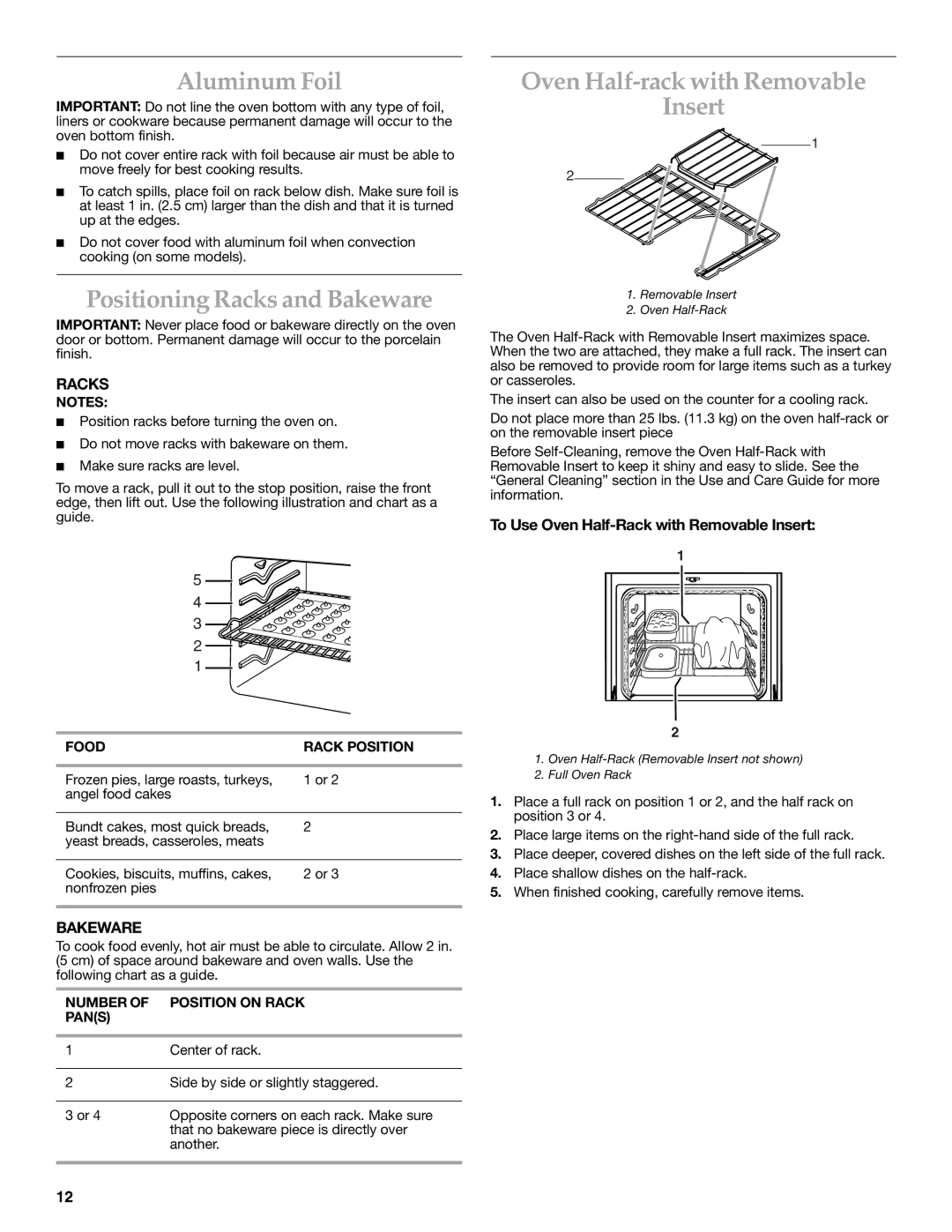 KitchenAid YKESC300, YKERC600 manual Aluminum Foil, Positioning Racks and Bakeware, Oven Half-rack with Removable Insert 