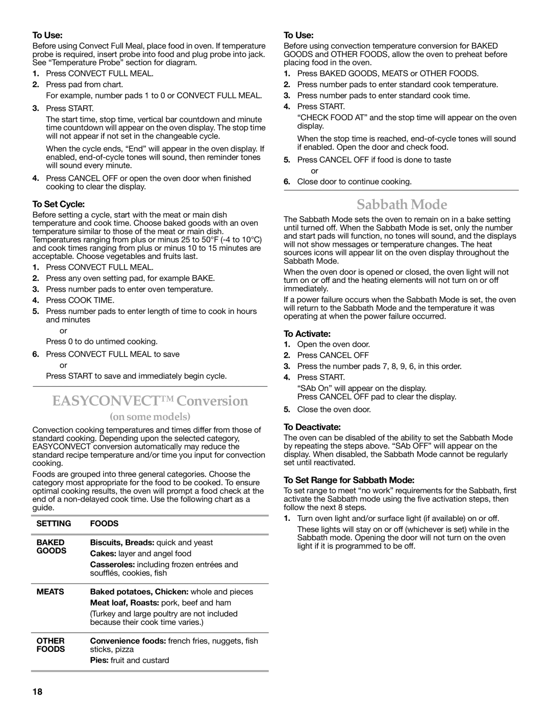 KitchenAid YKERC601, YKESC300, YKERC600, YKERC608, YKESC308 manual Easyconvect Conversion, Sabbath Mode 