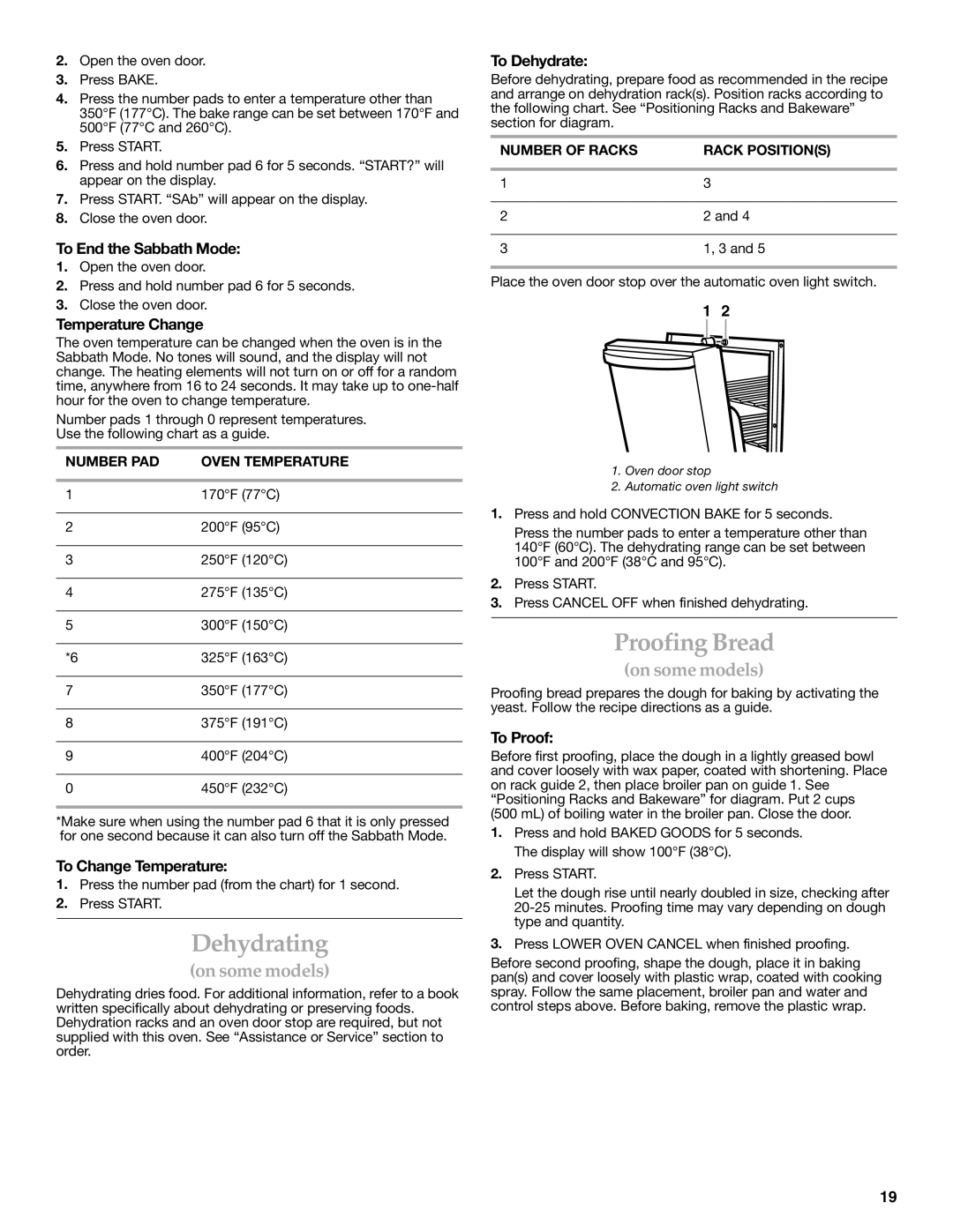 KitchenAid YKESC308, YKESC300, YKERC600, YKERC608, YKERC601 manual Dehydrating, Proofing Bread 