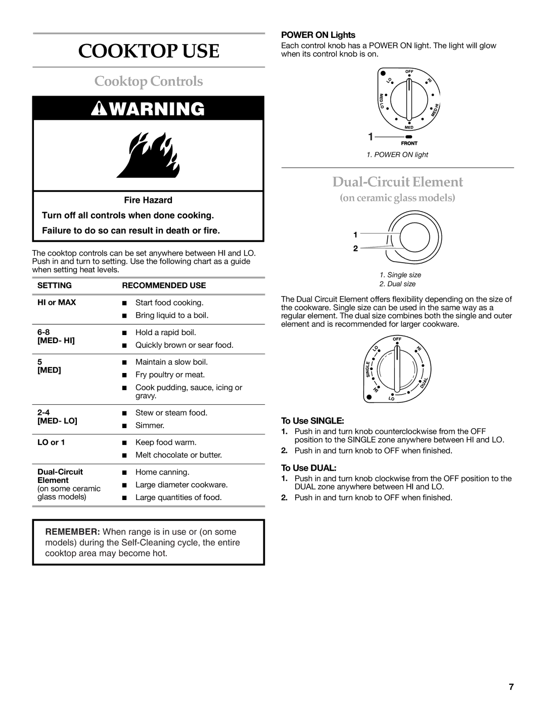 KitchenAid YKERC608, YKESC300, YKERC600, YKERC601, YKESC308 manual Cooktop USE, Cooktop Controls, Dual-Circuit Element 