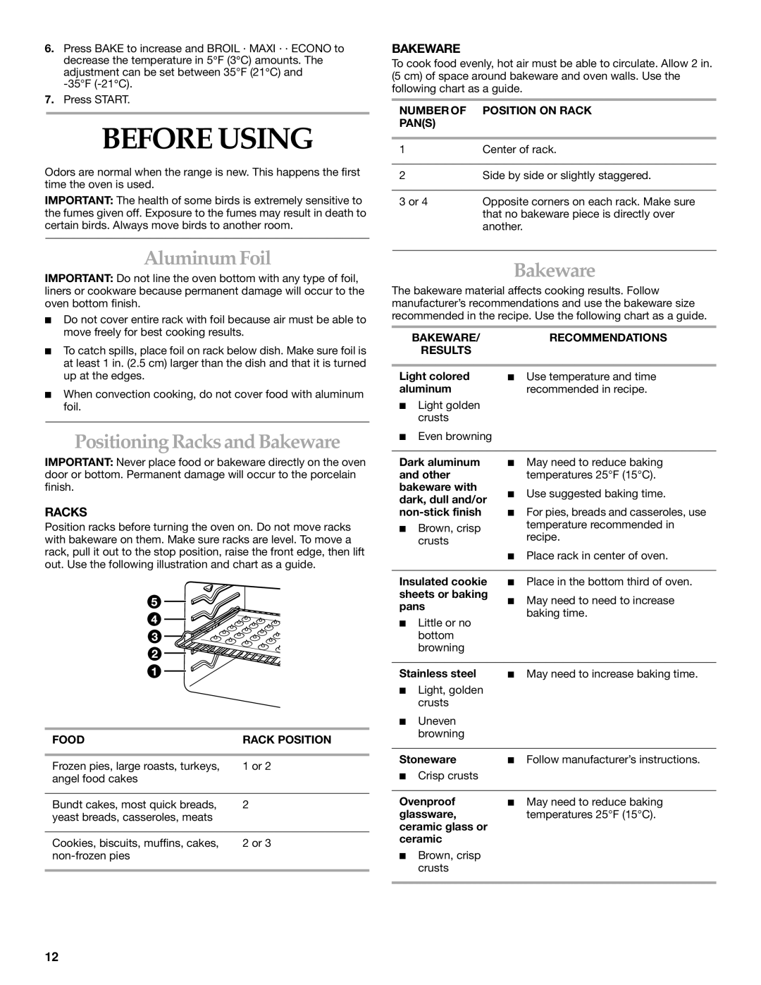 KitchenAid YKESC307, YKERC607, YKESH307 manual Before Using, AluminumFoil, PositioningRacks andBakeware 