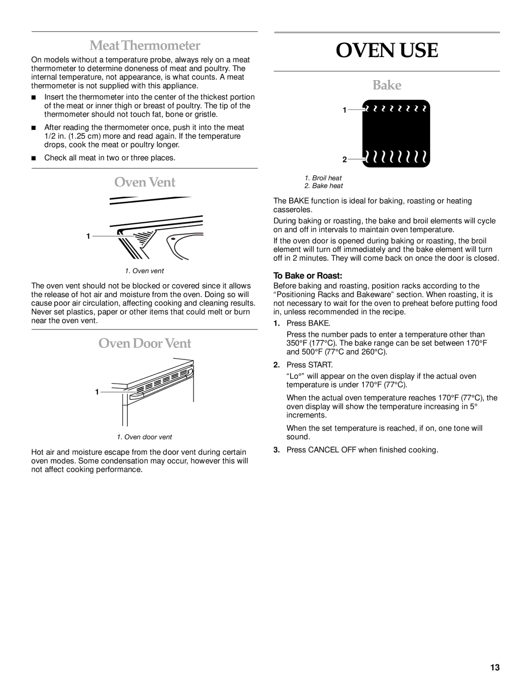 KitchenAid YKESC307, YKERC607, YKESH307 manual Oven USE, MeatThermometer, OvenVent, Oven Door Vent, Bake 