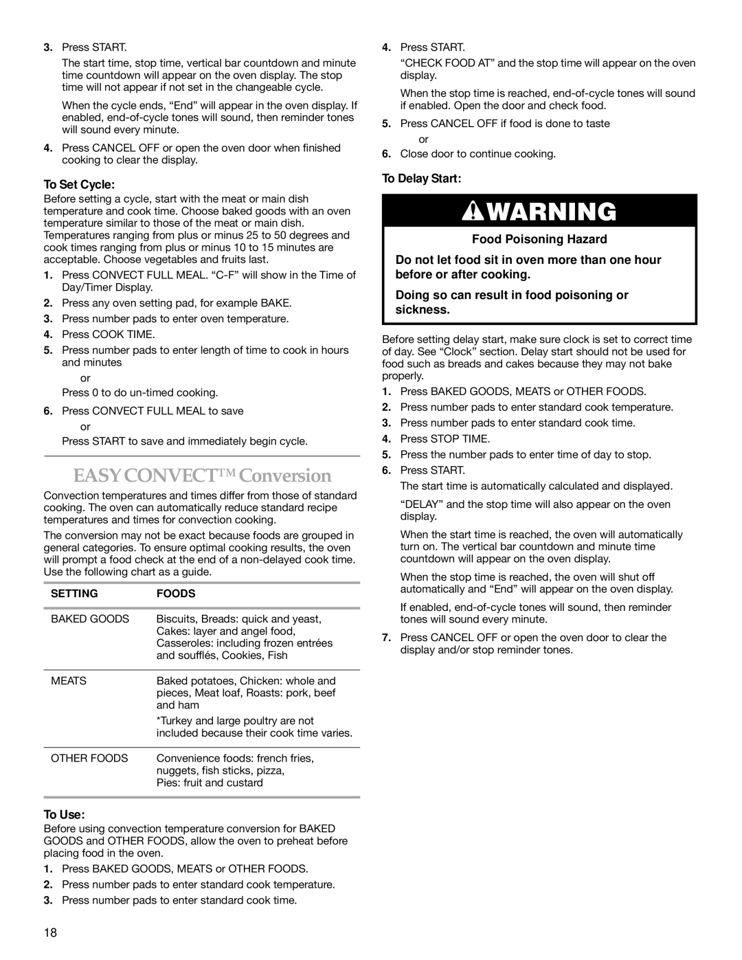 KitchenAid YKESC307, YKERC607, YKESH307 manual Easyconvect Conversion, To Set Cycle, Setting Foods 