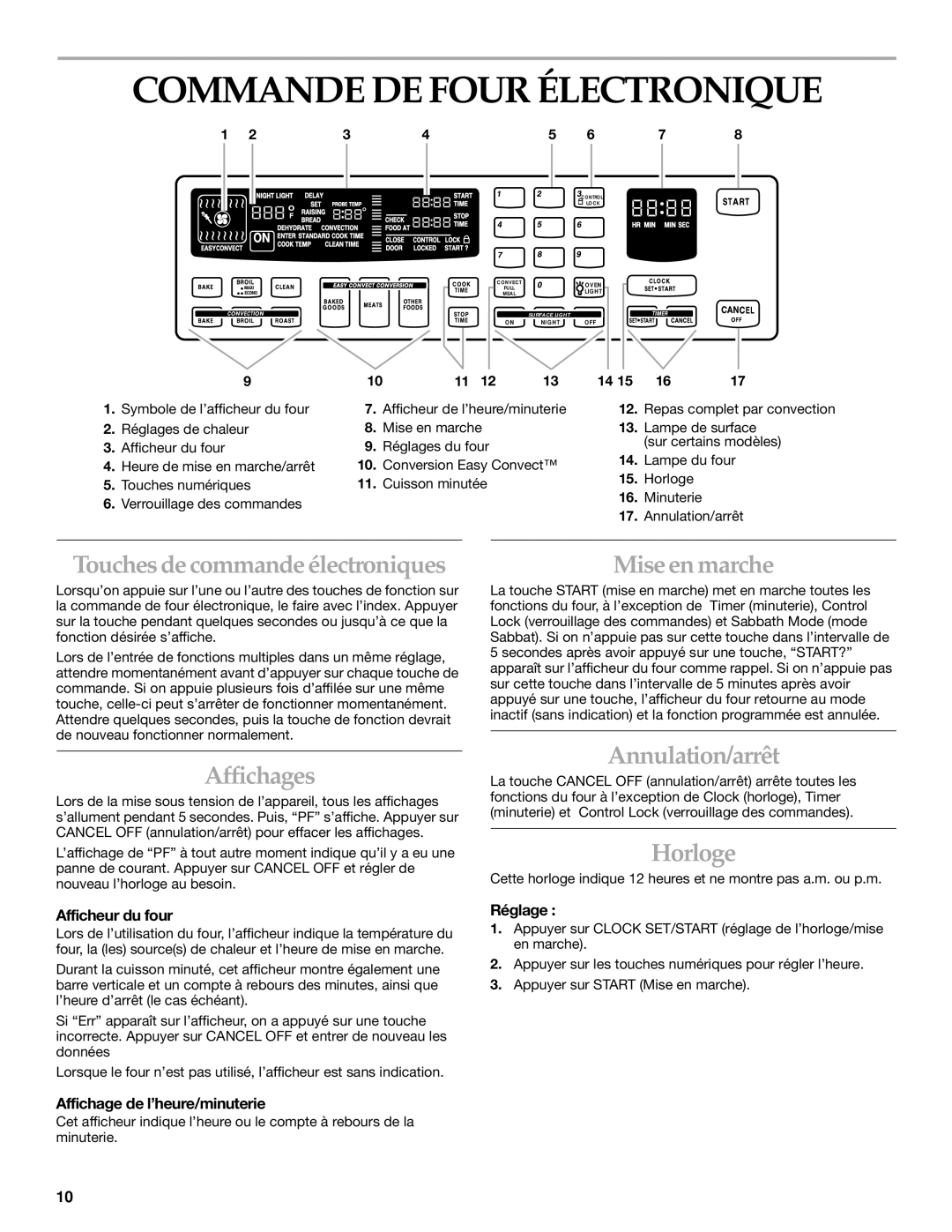 KitchenAid KERC607 Commande DE Four Électronique, TouchesdecommandeélectroniquesMiseenmarche, Affichages, Annulation/arrêt 