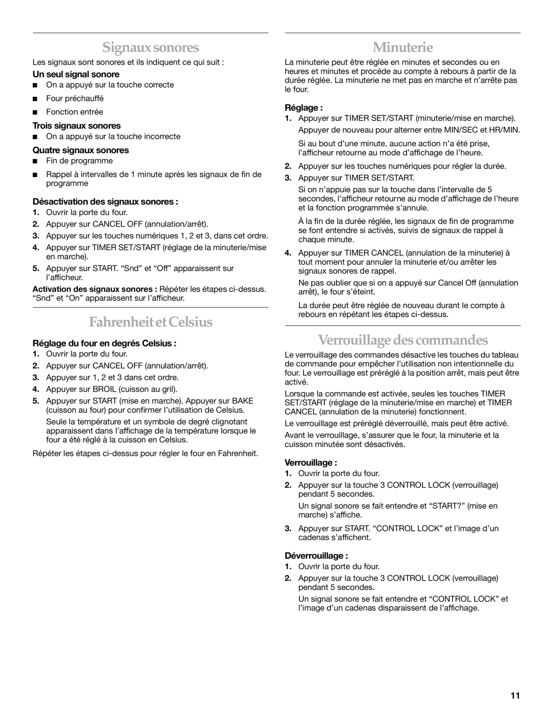 KitchenAid KESH307, YKESC307, YKERC607 manual Signaux sonores, FahrenheitetCelsius, Minuterie, Verrouillage descommandes 