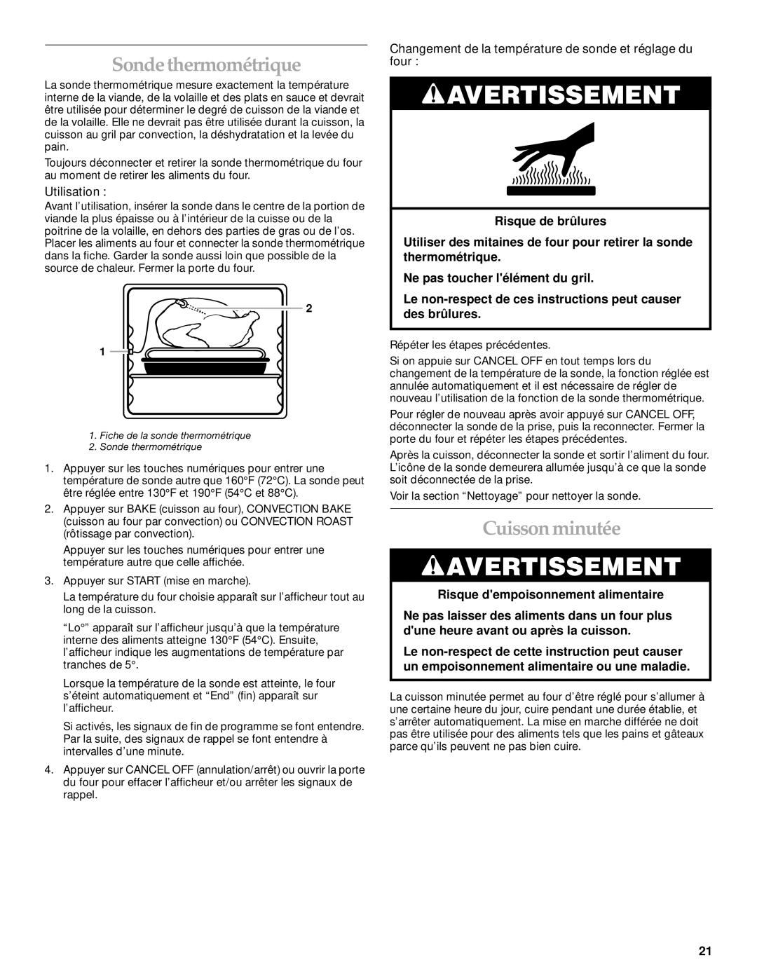 KitchenAid YKESC307 manual Sondethermométrique, Cuisson minutée, Changement de la température de sonde et réglage du four 