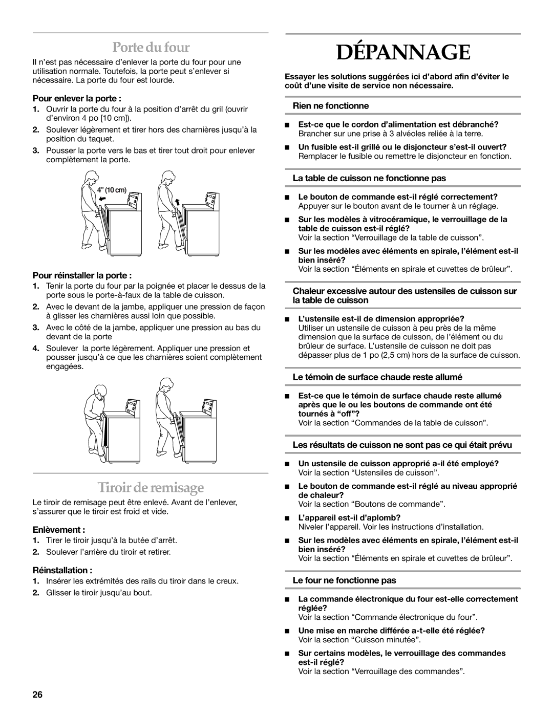 KitchenAid YKESH307, YKESC307, YKERC607 manual Dépannage, Portedufour, Tiroir de remisage 