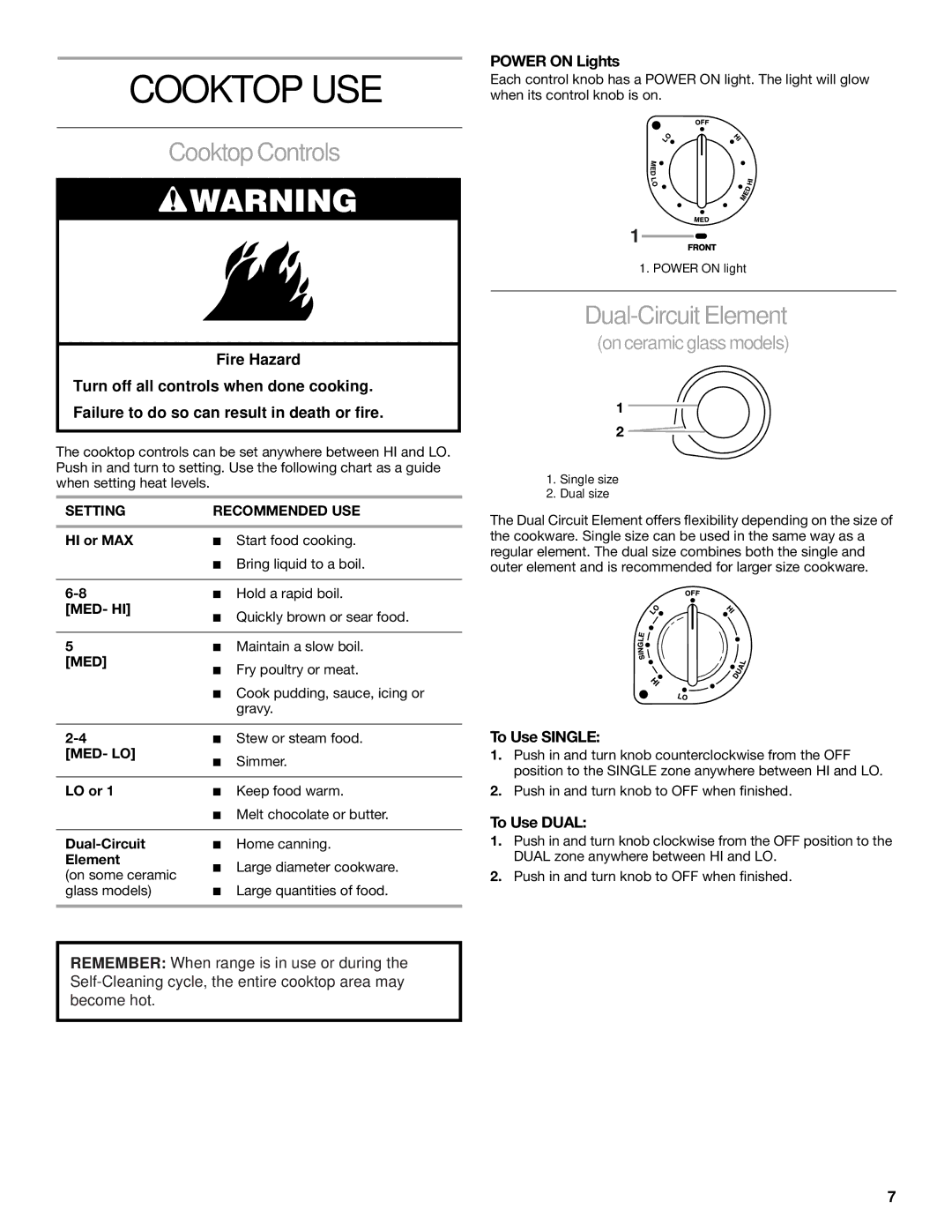 KitchenAid YKESC307, YKERC607, YKESH307 manual Cooktop USE, CooktopControls, Dual-Circuit Element 