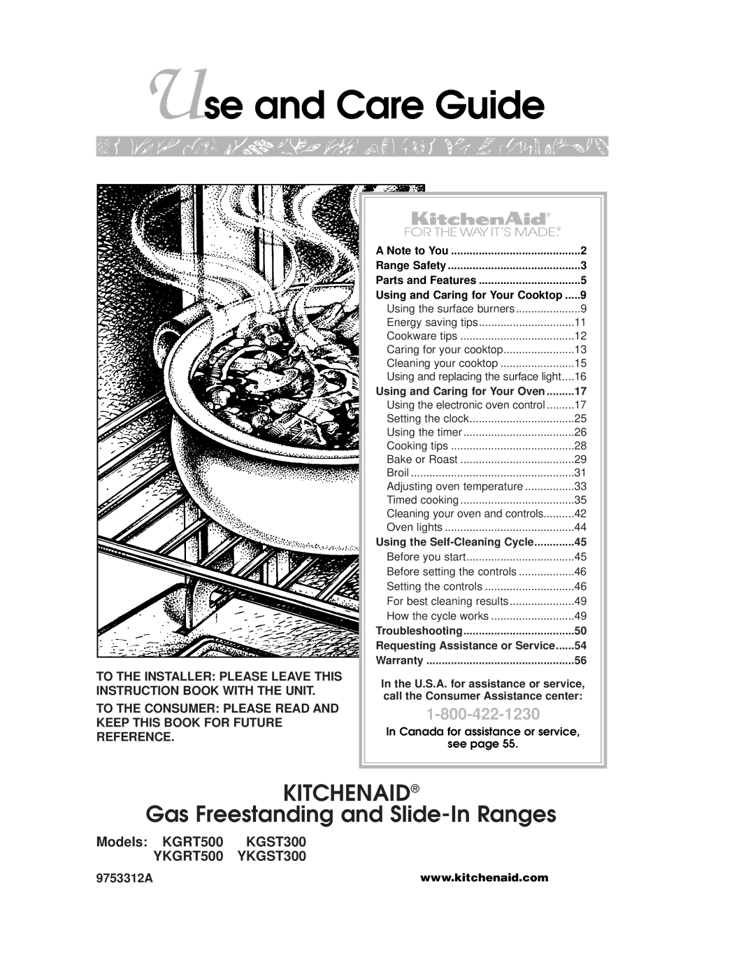 KitchenAid YKGRT500, YKGST300 warranty Use and Care Guide, Models KGRT500 KGST300, 9753312A 