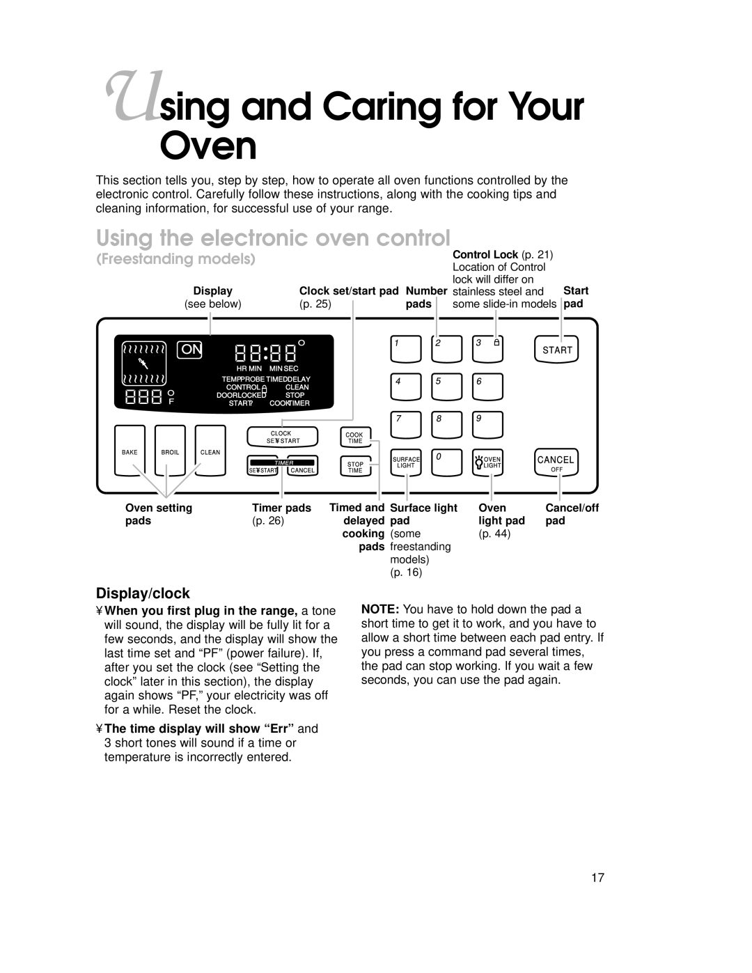 KitchenAid YKGRT500, YKGST300 warranty Using and Caring for Your Oven, Using the electronic oven control, Display/clock 