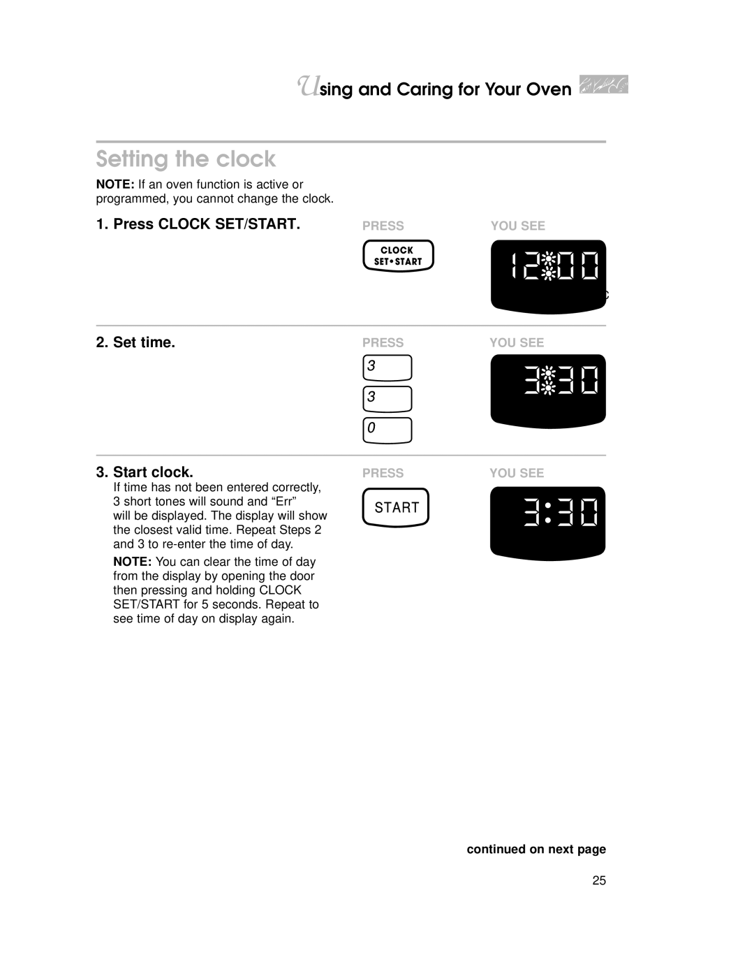 KitchenAid YKGRT500, YKGST300 warranty Setting the clock, Press Clock SET/START, Set time, Start clock 