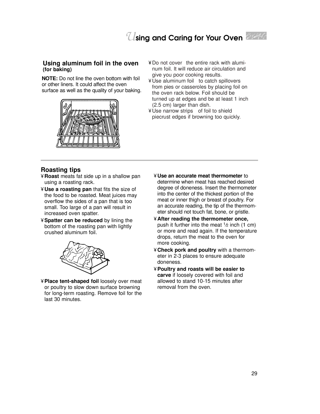 KitchenAid YKGRT500, YKGST300 warranty Using aluminum foil in the oven, Roasting tips, For baking 