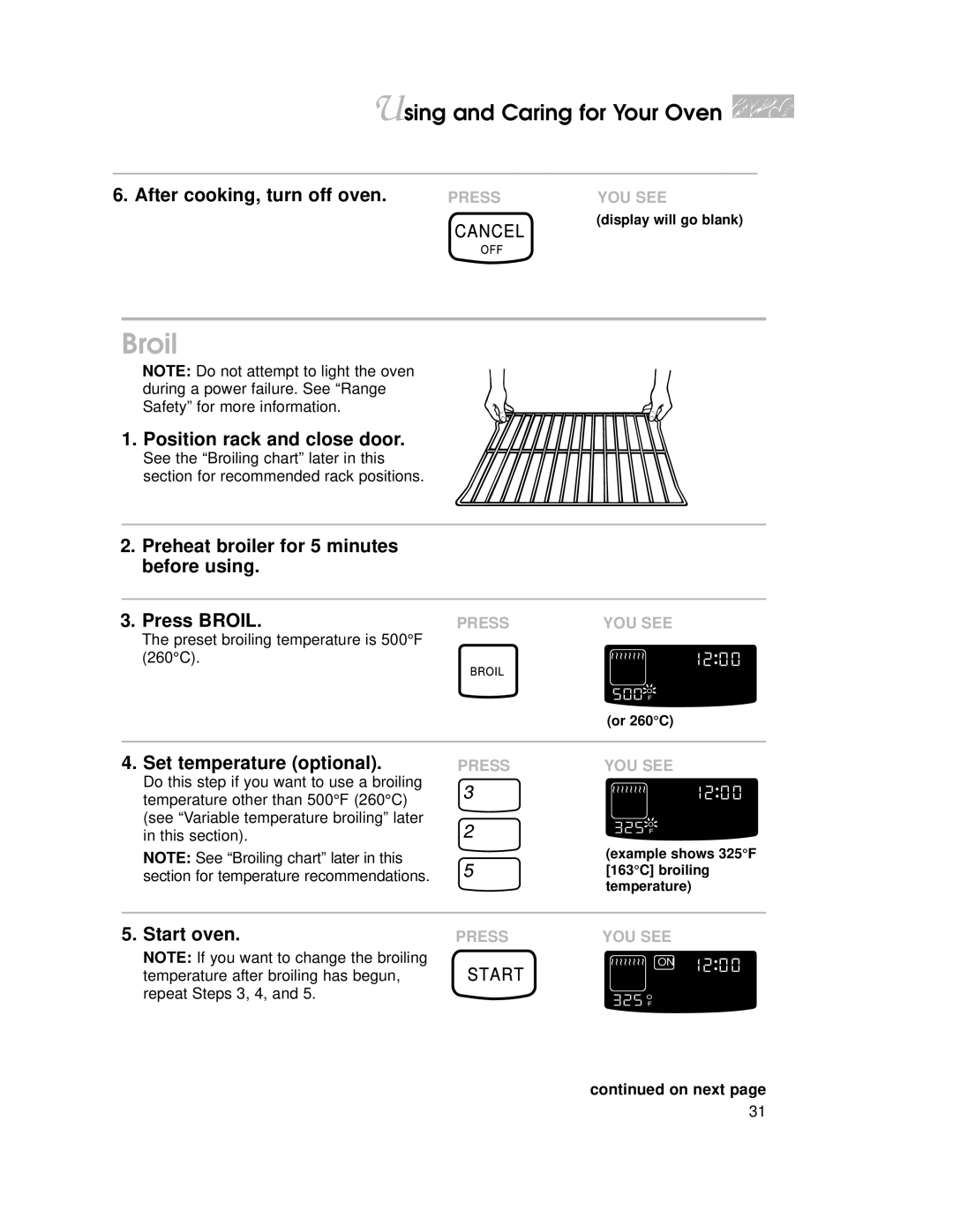 KitchenAid YKGRT500, YKGST300 warranty Broil, After cooking, turn off oven, Position rack and close door 