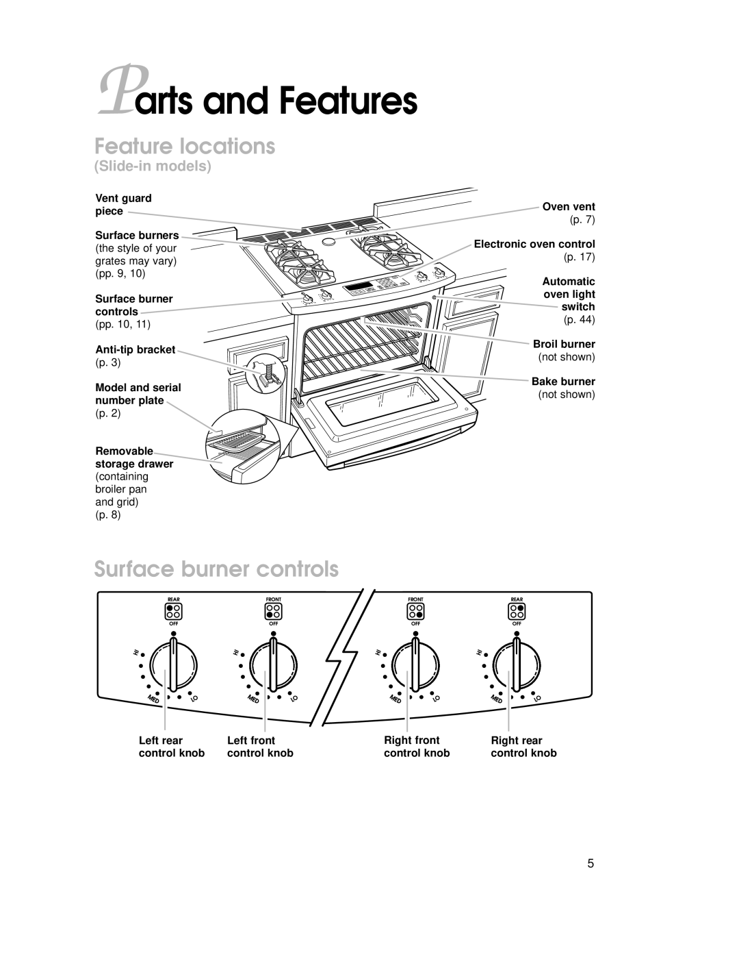 KitchenAid YKGRT500, YKGST300 warranty Parts and Features, Feature locations, Surface burner controls, Slide-in models 