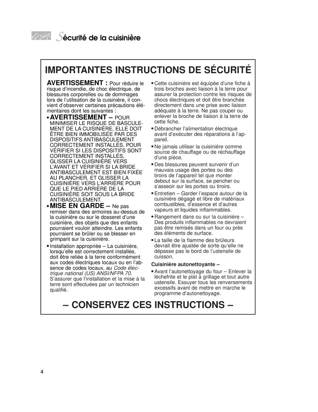 KitchenAid YKGST300, YKGRT500 warranty Importantes Instructions DE Sécurité, Cuisinière autonettoyante 