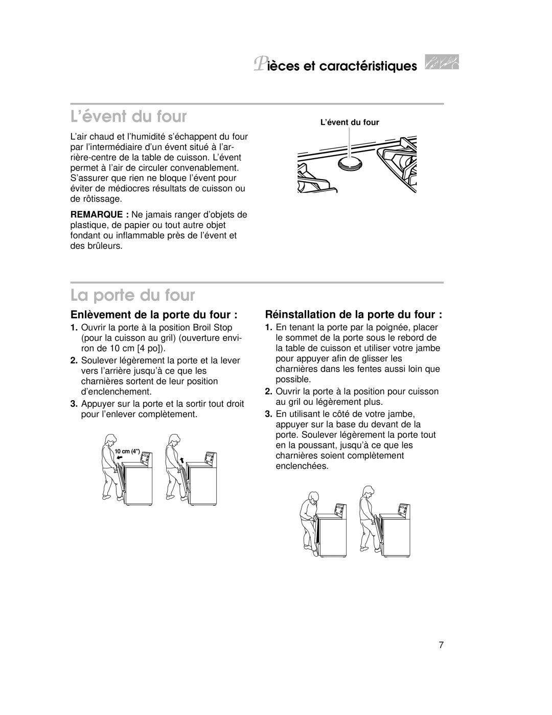 KitchenAid YKGRT500 ’évent du four, La porte du four, Enlèvement de la porte du four, Réinstallation de la porte du four 