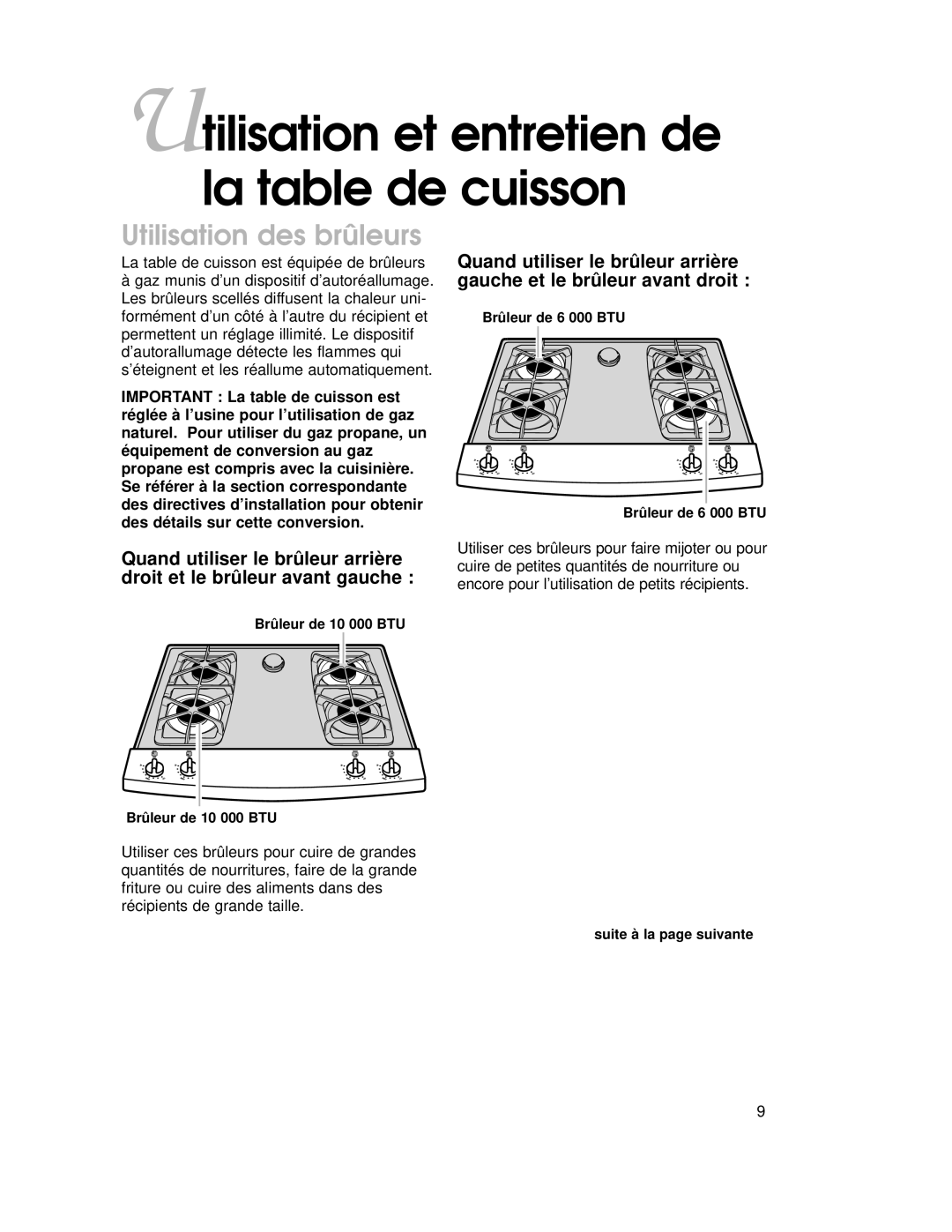 KitchenAid YKGRT500, YKGST300 warranty Utilisation et entretien de la table de cuisson, Utilisation des brûleurs 