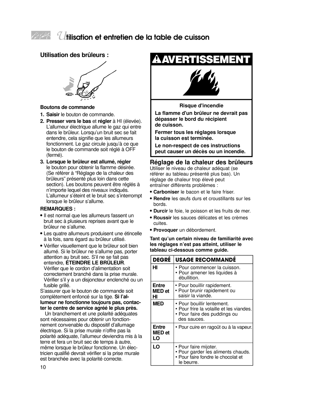 KitchenAid YKGST300, YKGRT500 warranty Utilisation des brûleurs, Réglage de la chaleur des brûleurs, Remarques 