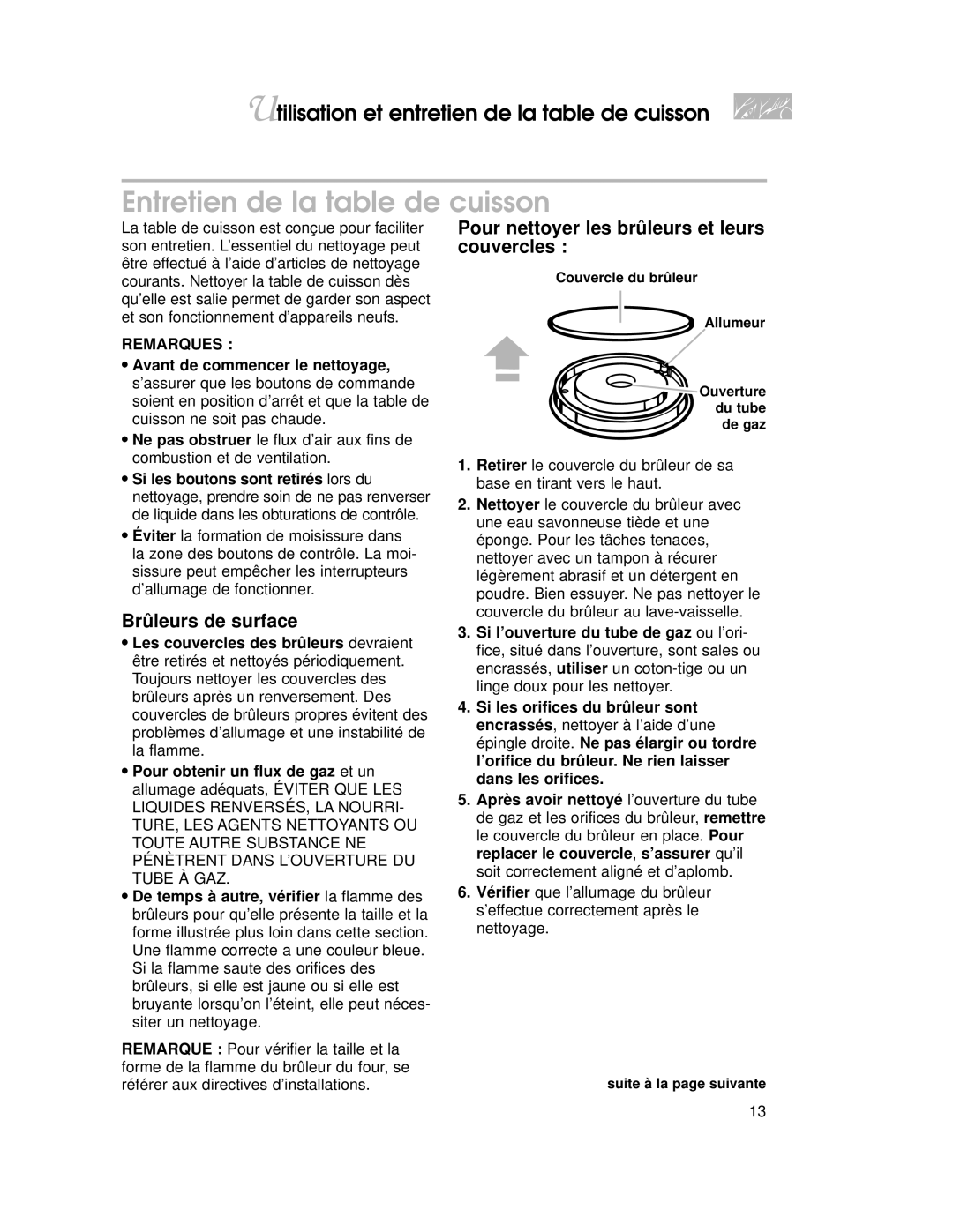 KitchenAid YKGRT500 Entretien de la table de cuisson, Brûleurs de surface, Pour nettoyer les brûleurs et leurs couvercles 