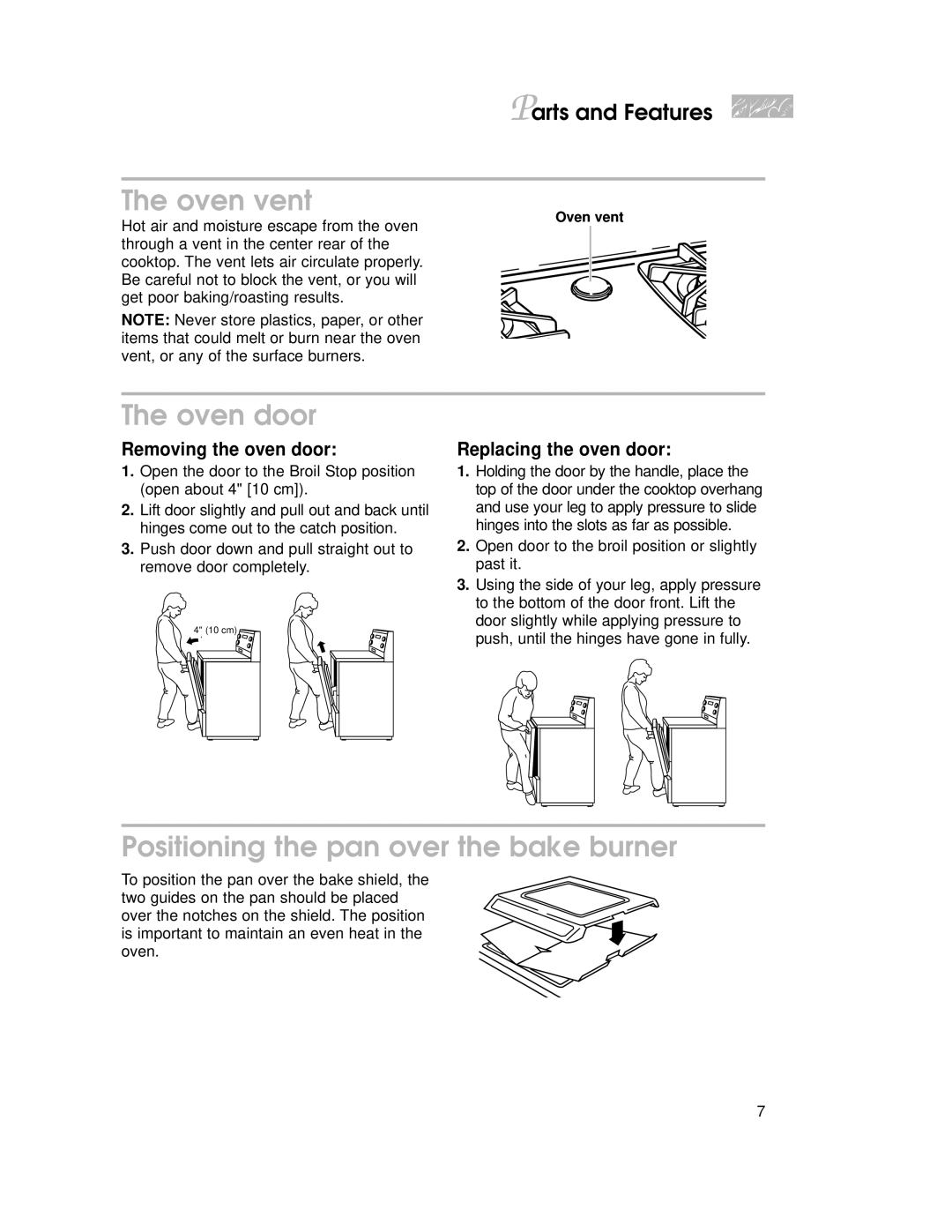 KitchenAid YKGRT500, YKGST300 Oven vent, Oven door, Positioning the pan over the bake burner, Removing the oven door 