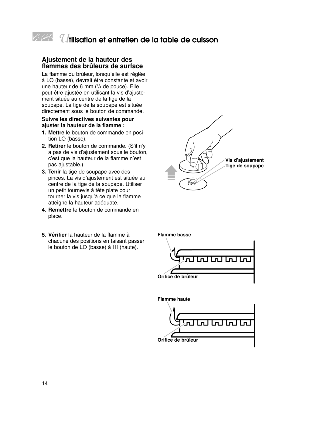 KitchenAid YKGST300, YKGRT500 warranty Ajustement de la hauteur des flammes des brûleurs de surface 