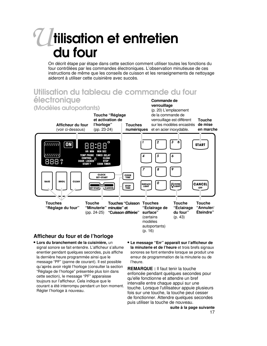 KitchenAid YKGRT500, YKGST300 Utilisation et entretien du four, Utilisation du tableau de commande du four électronique 