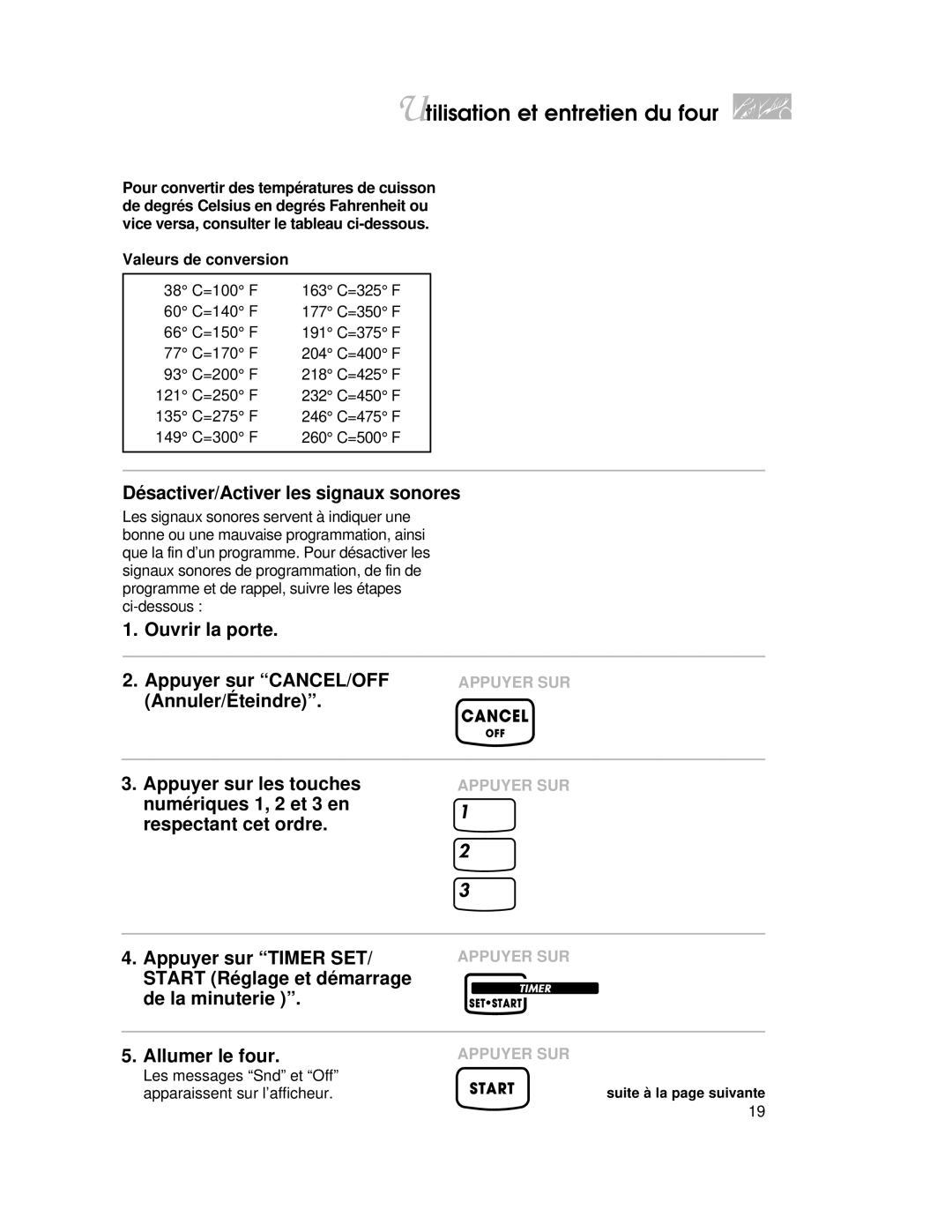 KitchenAid YKGRT500, YKGST300 warranty Désactiver/Activer les signaux sonores, Allumer le four, Valeurs de conversion 