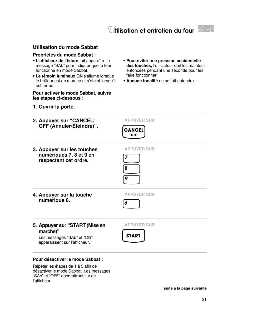 KitchenAid YKGRT500, YKGST300 warranty Utilisation du mode Sabbat, Ouvrir la porte Appuyer sur Cancel, OFF Annuler/Éteindre 