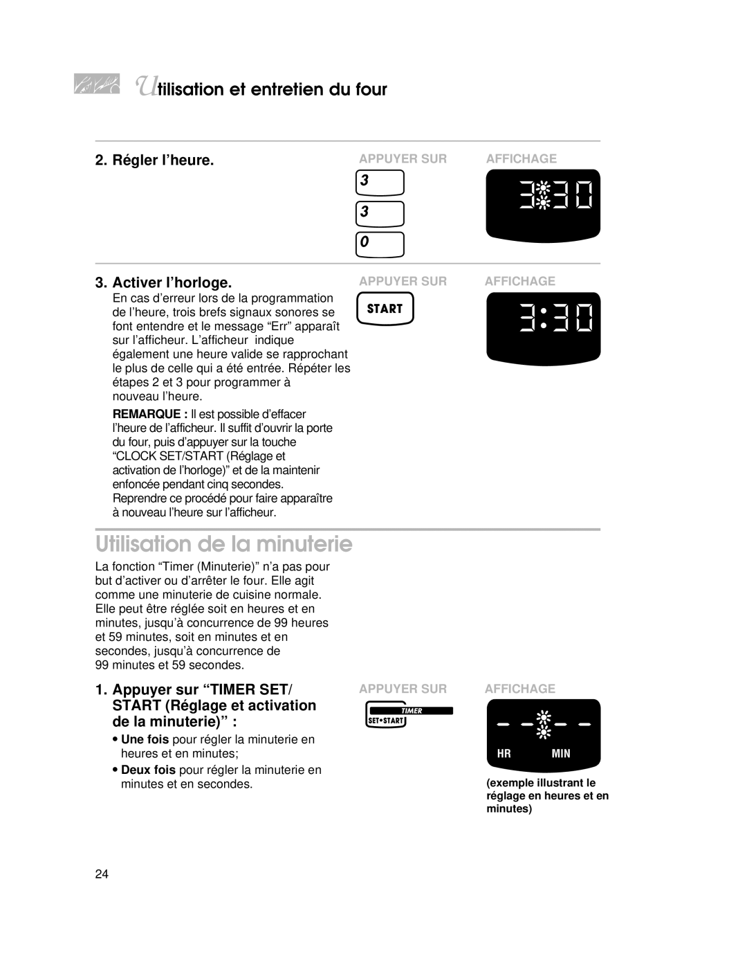 KitchenAid YKGST300, YKGRT500 warranty Utilisation de la minuterie, Activer l’horloge 