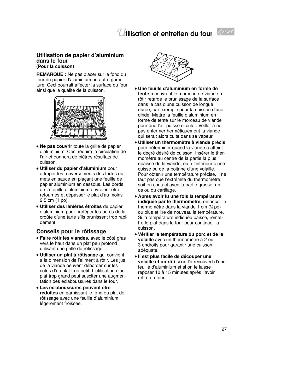 KitchenAid YKGRT500, YKGST300 Utilisation de papier d’aluminium dans le four, Conseils pour le rôtissage, Pour la cuisson 