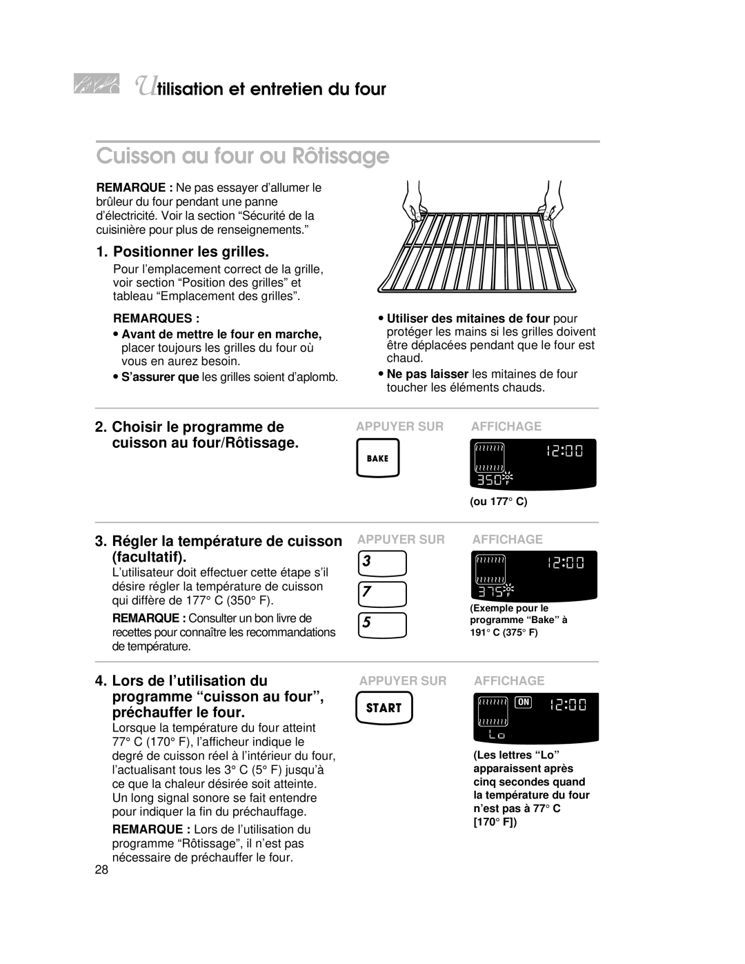 KitchenAid YKGST300 Cuisson au four ou Rôtissage, Positionner les grilles, Régler la température de cuisson facultatif 