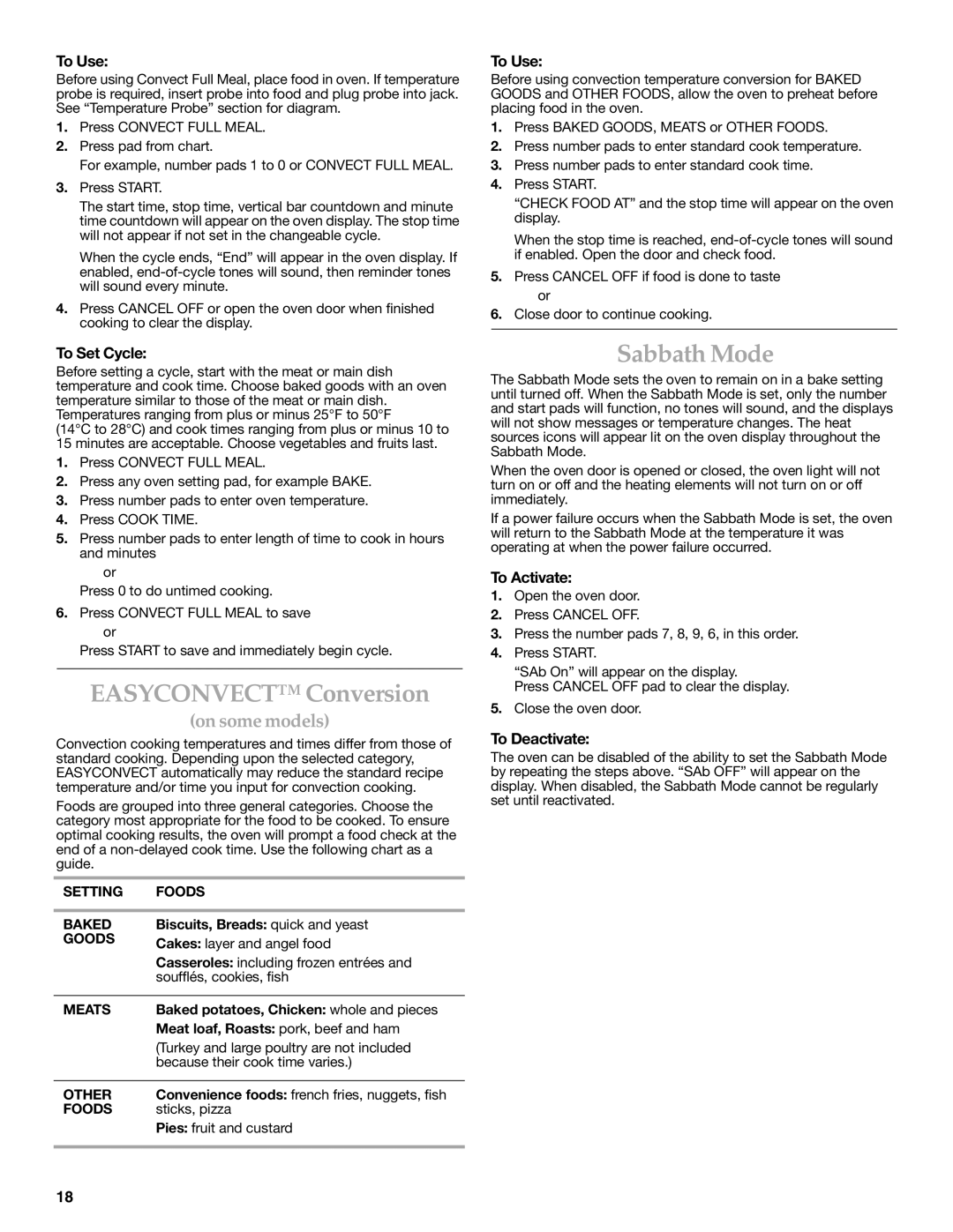 KitchenAid KGRC608, YKGST307, YKGSC308 manual Easyconvect Conversion, Sabbath Mode, To Set Cycle, To Activate, To Deactivate 