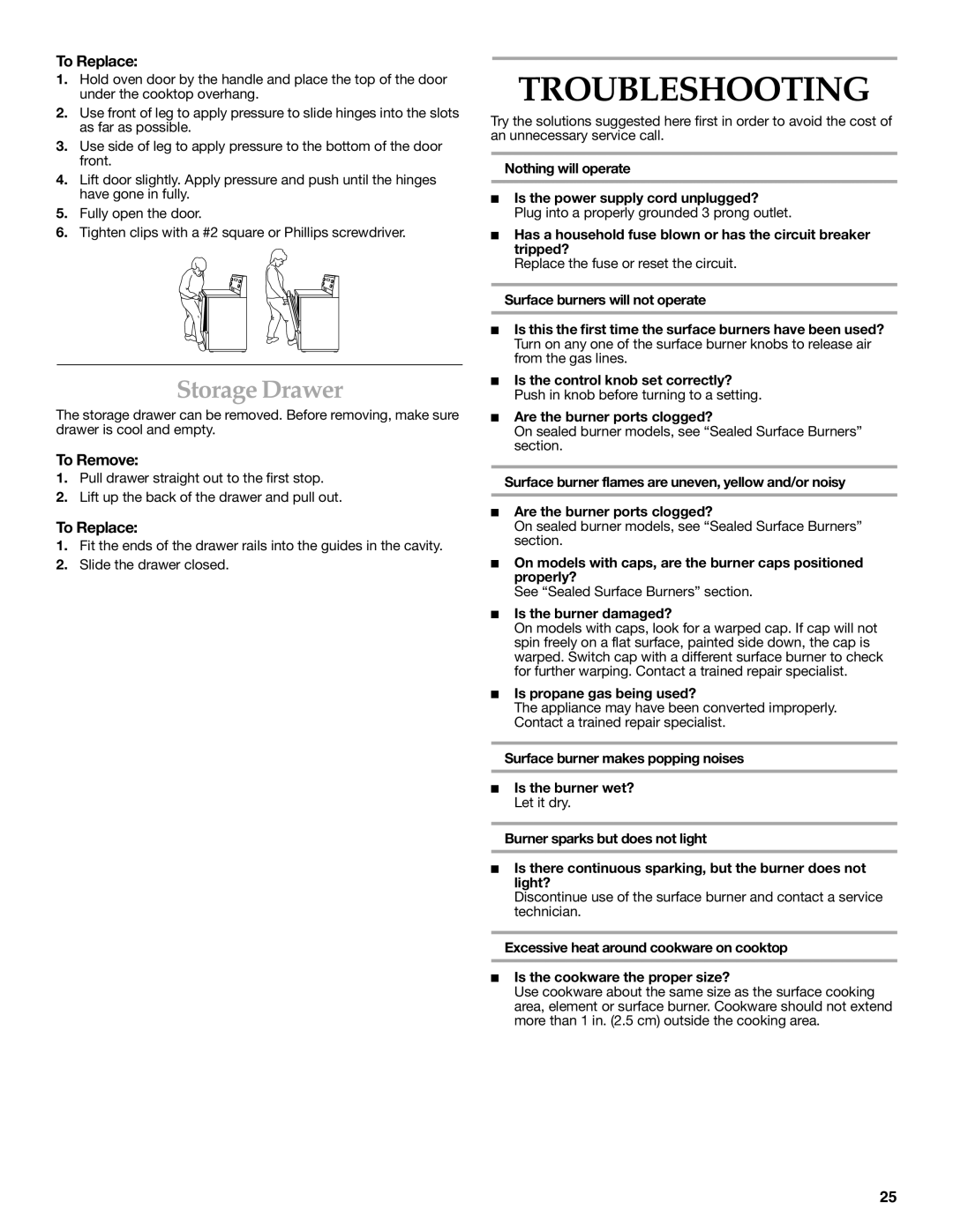 KitchenAid YKGRC608, YKGST307, YKGSC308 Troubleshooting, Storage Drawer, Is the burner damaged?, Is propane gas being used? 