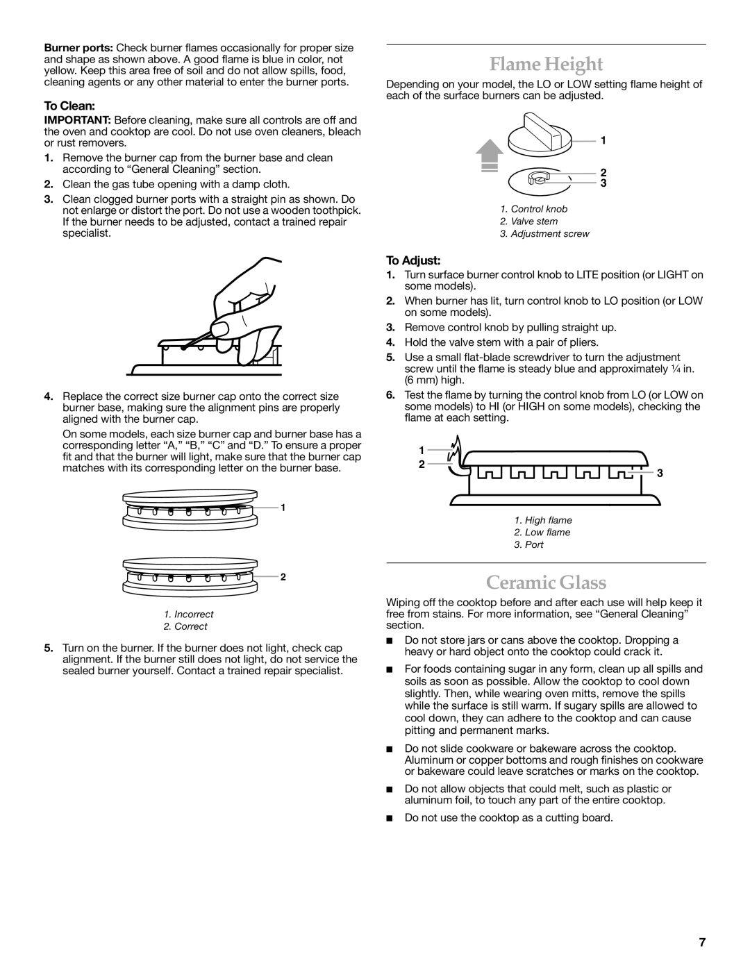 KitchenAid YKGST307, YKGSC308, YKGRT607, KGST300, YKGRC608, KGRT600 manual Flame Height, Ceramic Glass, To Clean, To Adjust 